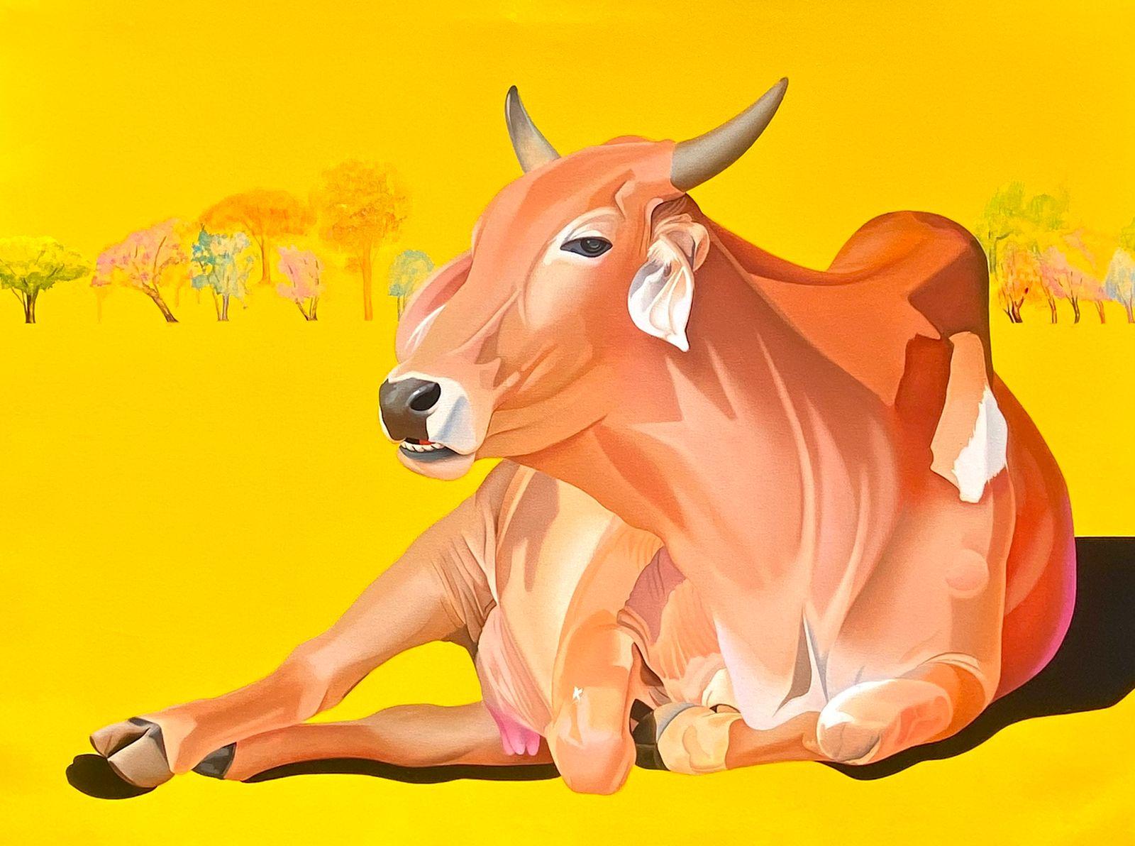 La vache assise, couleur jaune, marron, vert, huile et acrylique sur toile « en stock »