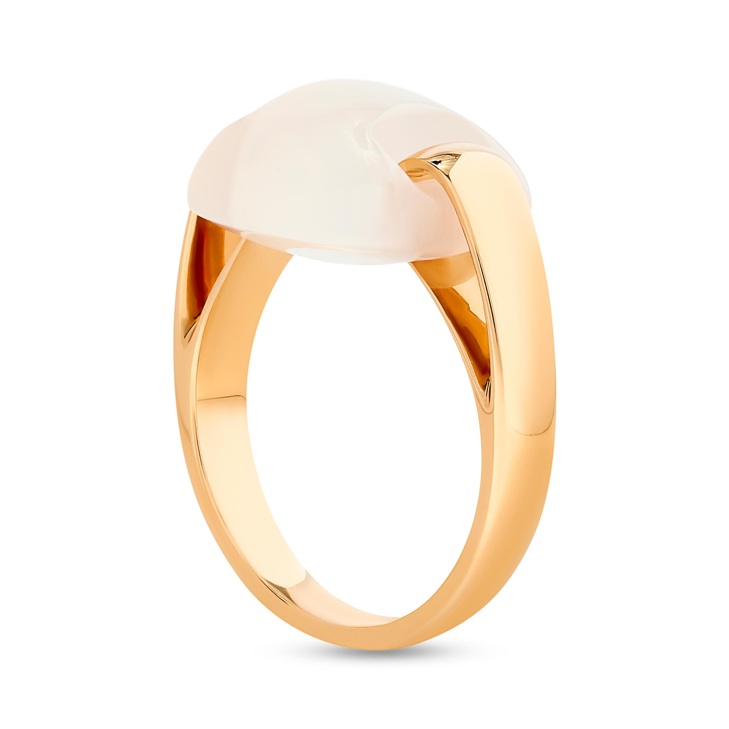 Crafted from luxurious 18k gold, the band is sleek and polished, showcasing Ferragamo's signature craftsmanship. 
The band interlocks with a clear quartz gemstone.

Ring size US 5.50
Signed with the Ferragamo and 18k stamps.
Ferragamo retail: $2,150