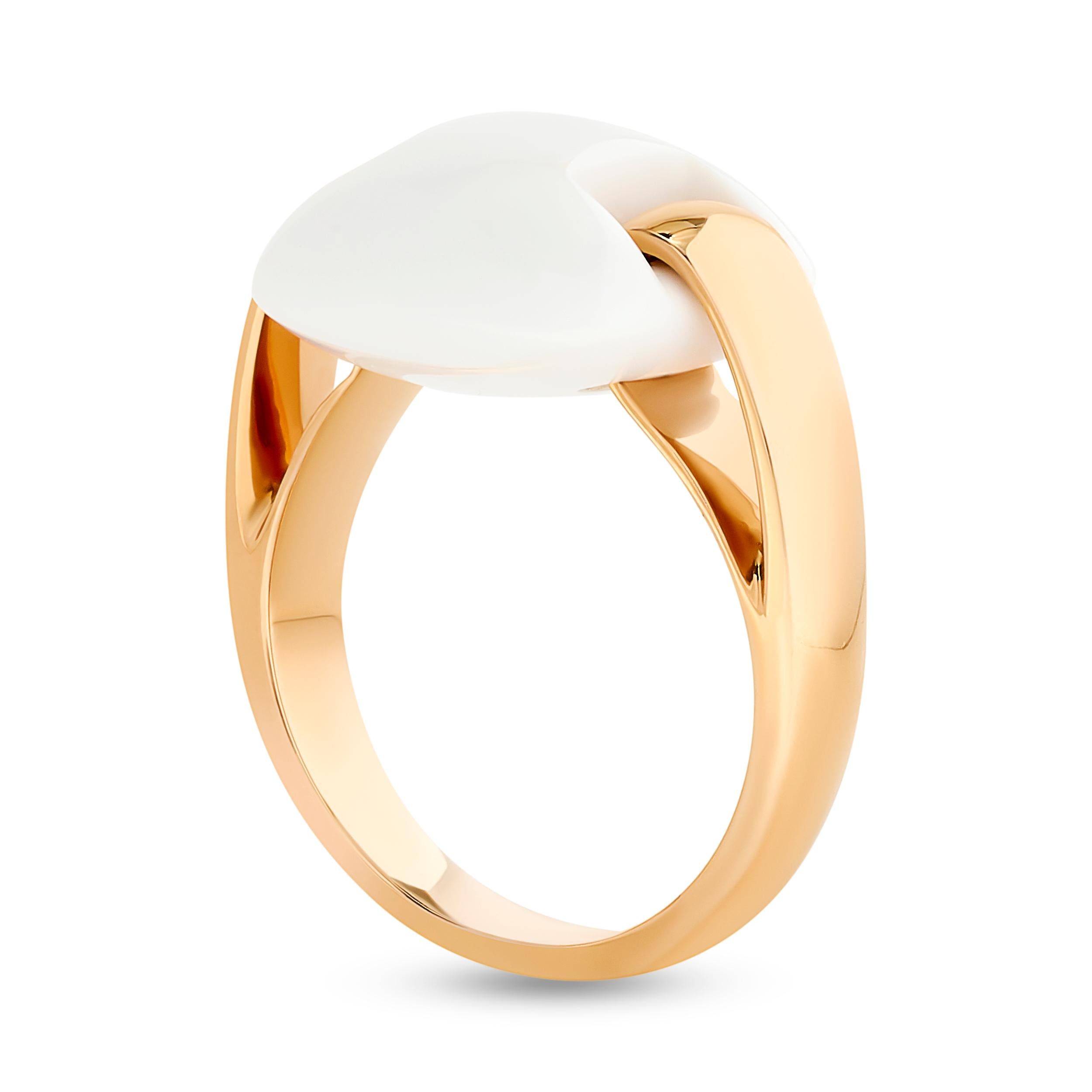 Crafted from luxurious 18k gold, the band is sleek and polished, showcasing Ferragamo's signature craftsmanship. 
The band interlocks with a white agate gemstone.

Ring size US 4.50
Signed with the Ferragamo and 18k stamps.
Ferragamo retail: $2,200