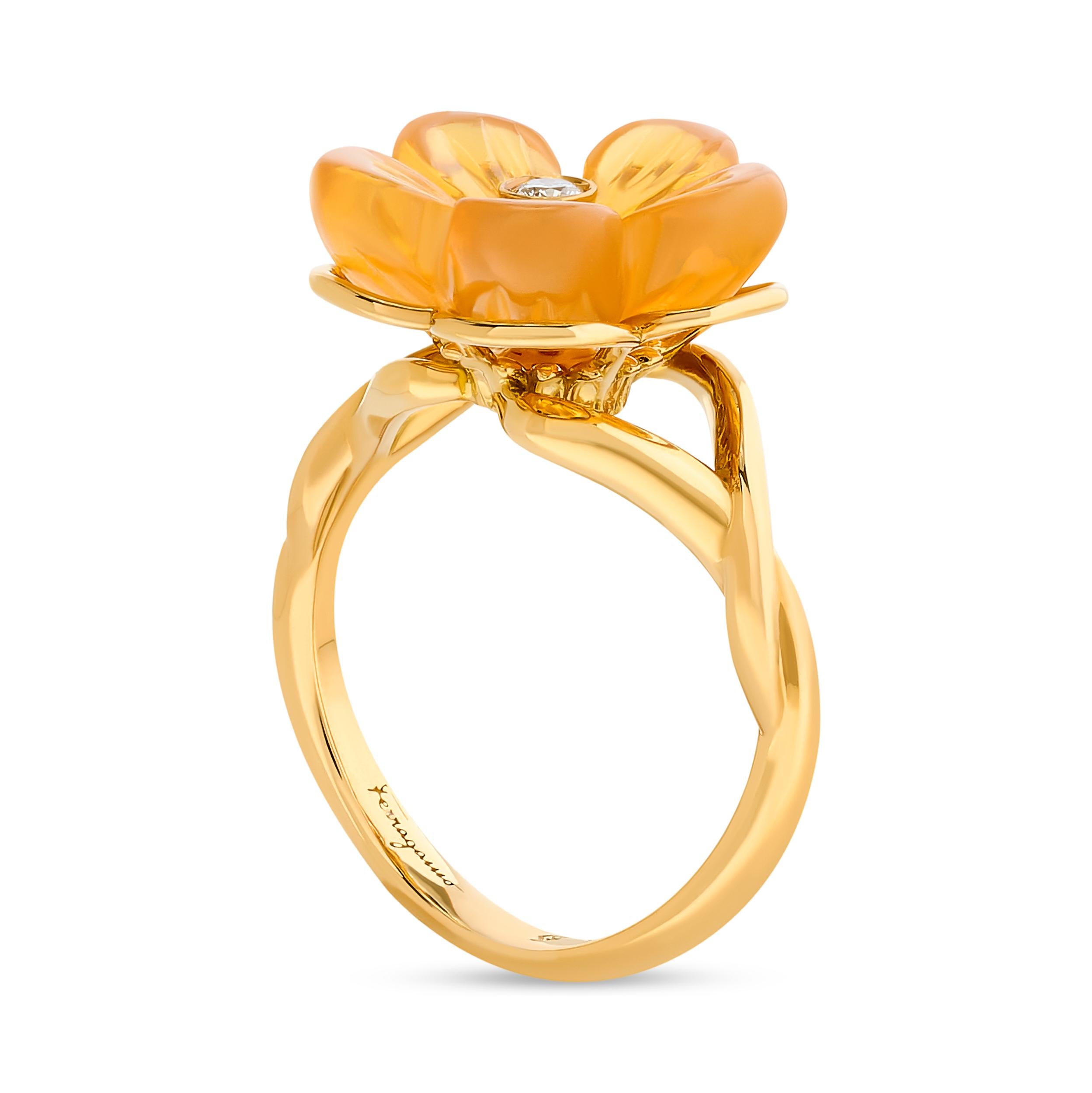 This exquisite 18 karat Ferragamo ring features a captivating floral design with carved, delicate fire opal petals that gently curve around a diamond center.
The center round diamond weighs approximately 0.04 carat with an H color and VS clarity
