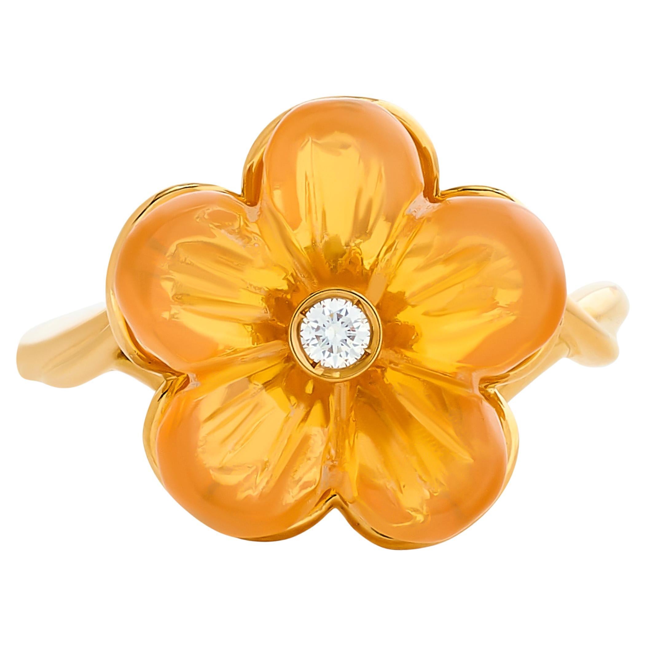 Ferragamo 18 Karat Yellow Fire Opal Flower Diamond Ring Size 6.00 For Sale