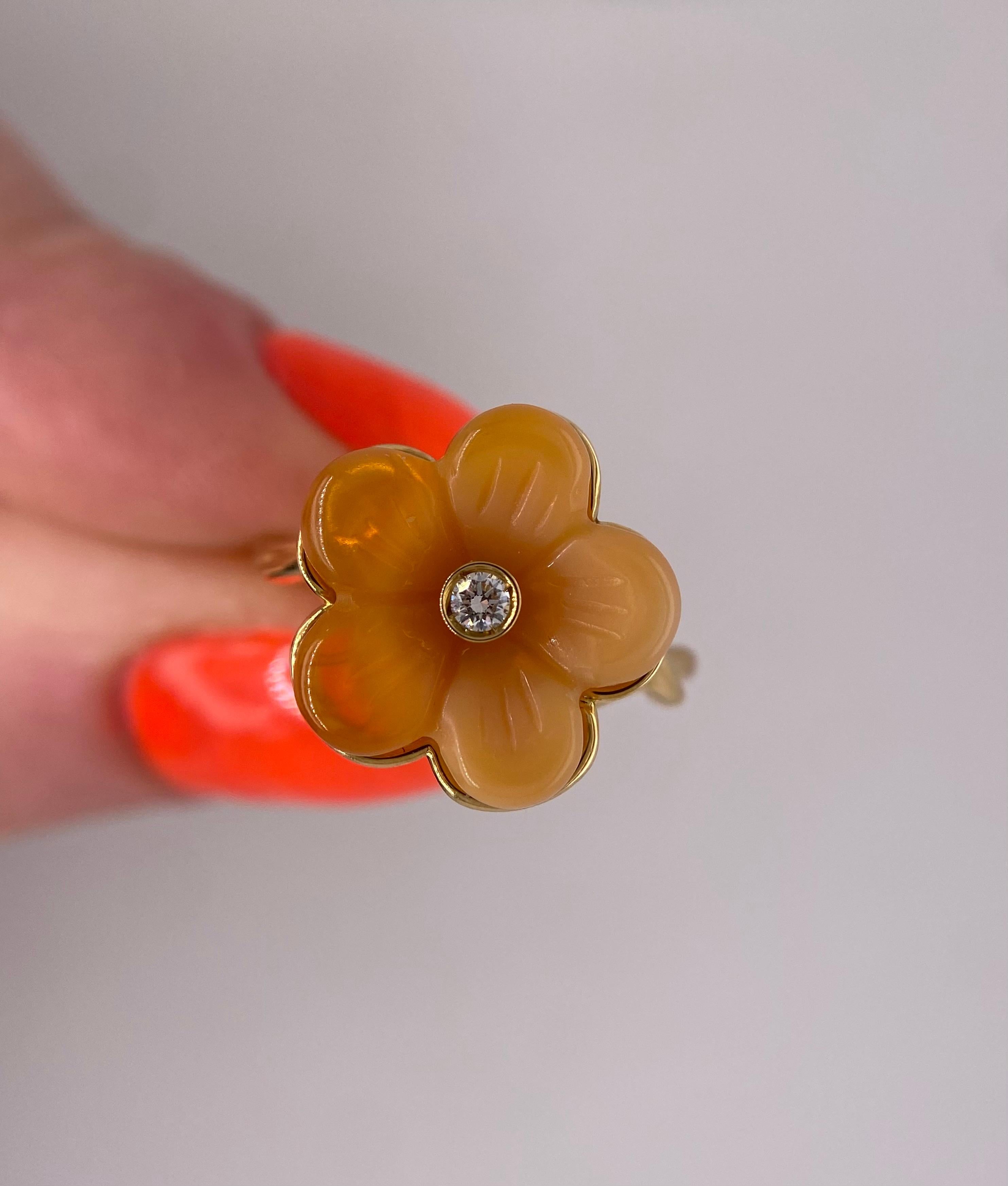 Ferragamo 18 Karat Yellow Fire Opal Flower Diamond Ring Size 6.75 For Sale 1