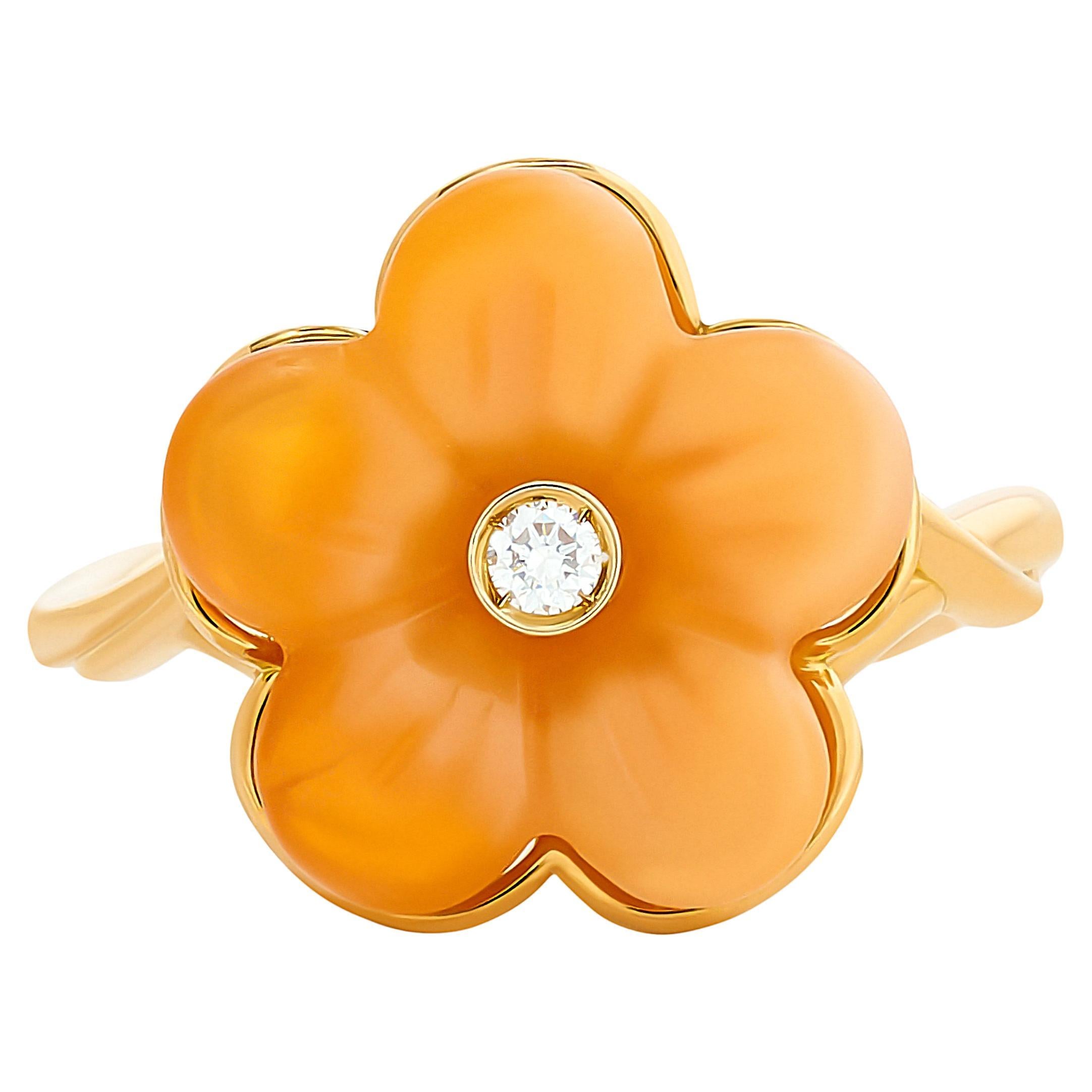 Ferragamo 18 Karat Yellow Fire Opal Flower Diamond Ring Size 6.75 For Sale