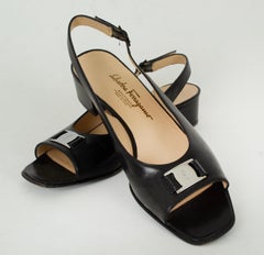 Ferragamo Black Block Heel Open Toe Slingback w Silver Medallion – 10AA, 1990s