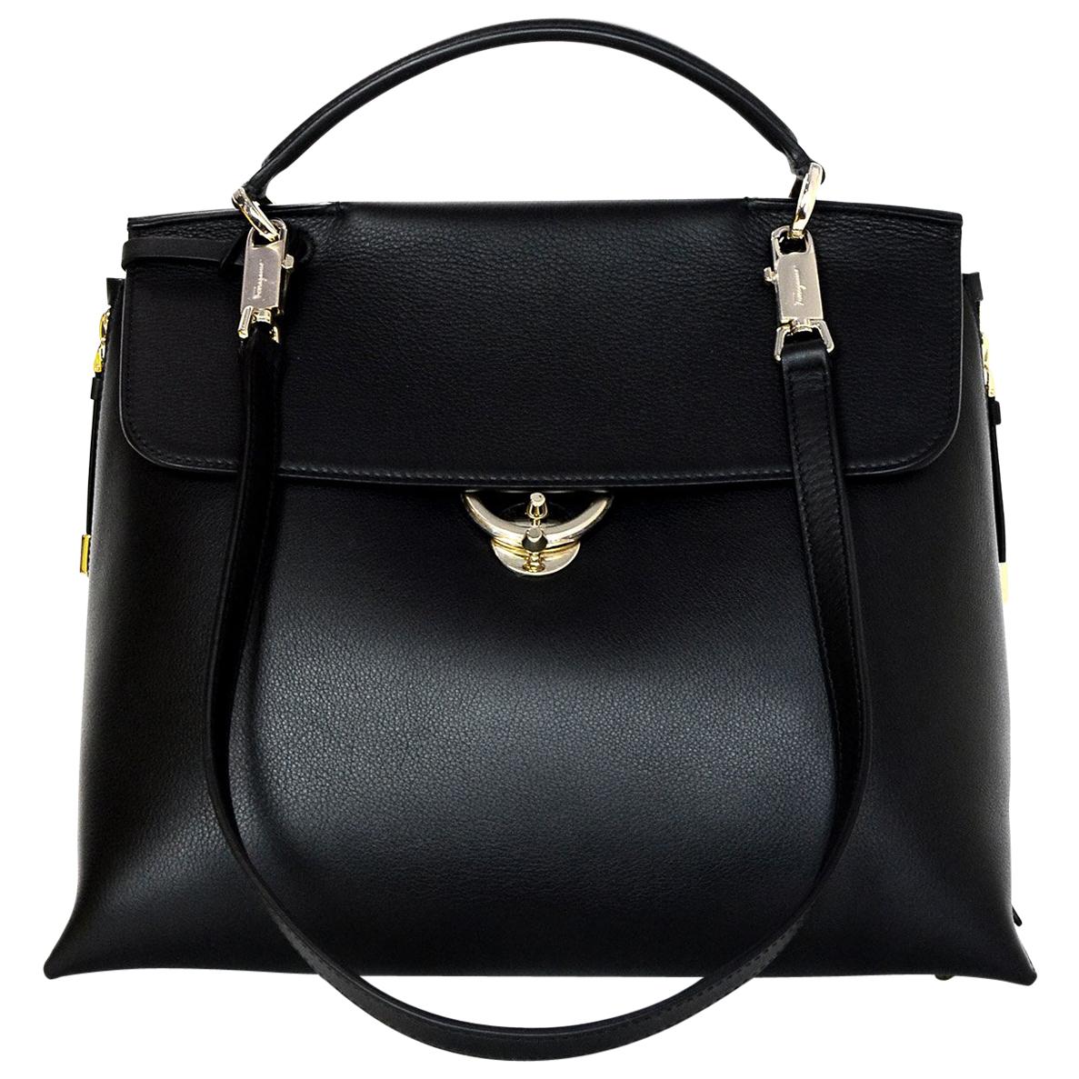 Ferragamo Black Calfskin Leather "Jet Set" Top Handle Tote Bag W/ Shoulder Strap