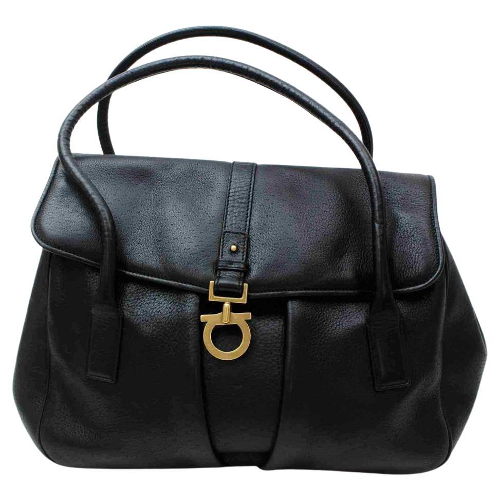 Ferragamo Black Leather Gancini Satchel Flap Bowler 860416 For Sale