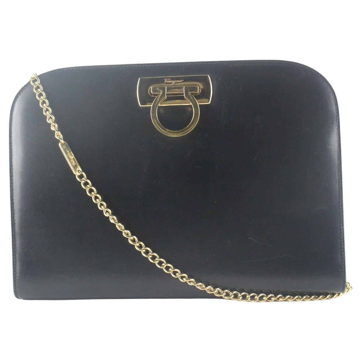 FERRAGAMO Black Leather Gancini Turnlock Chain Crossbody 1SF87K