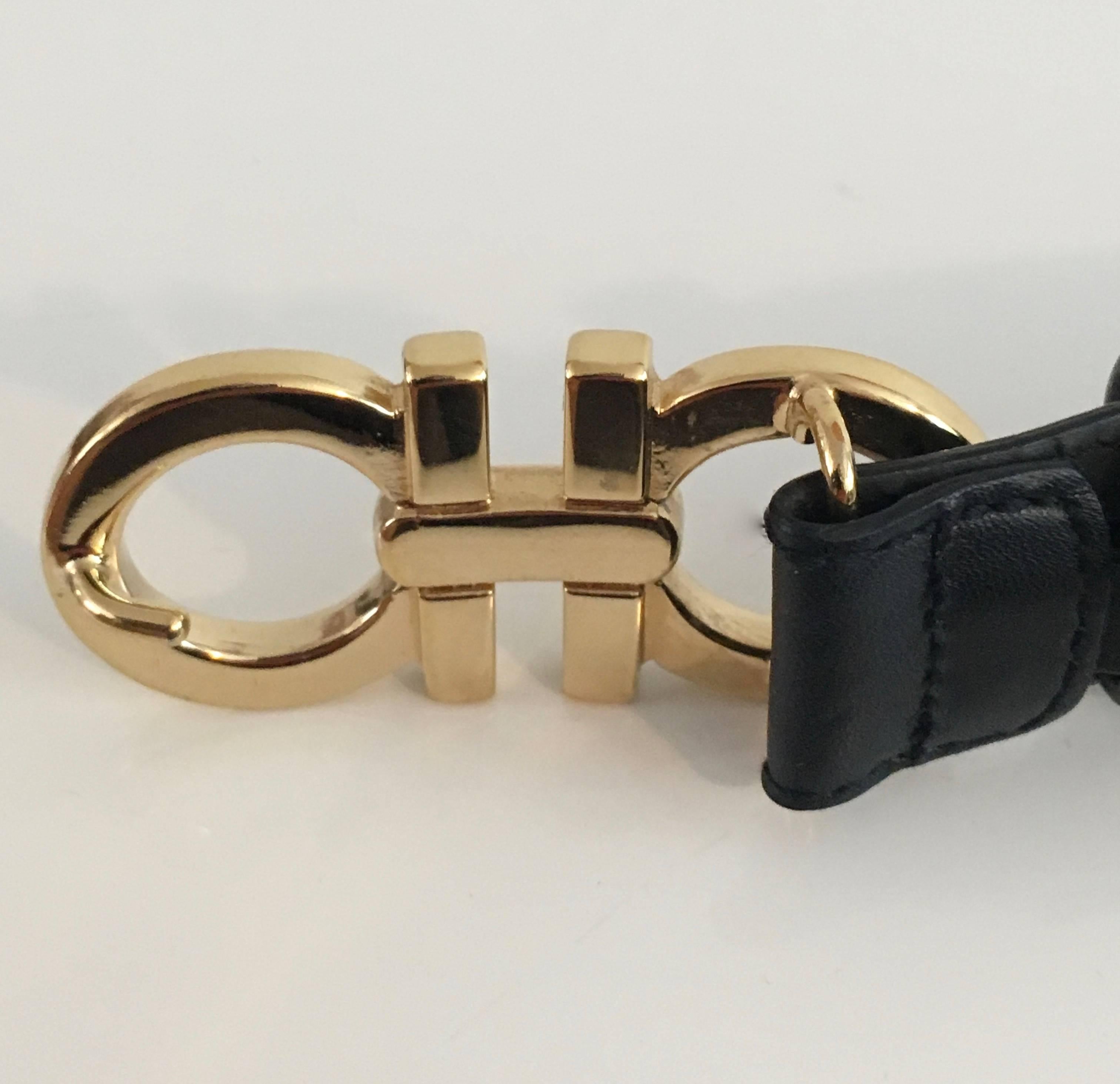 Ferragamo Black Leather Gold Logo Buckle Belt  6