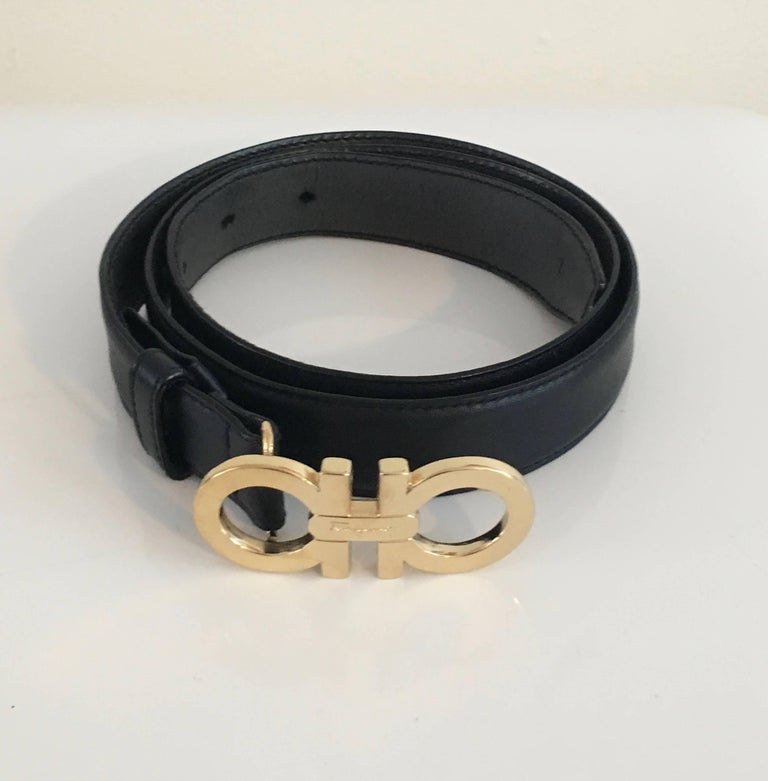 Ferragamo Black Leather Gold Logo Buckle Belt at 1stdibs