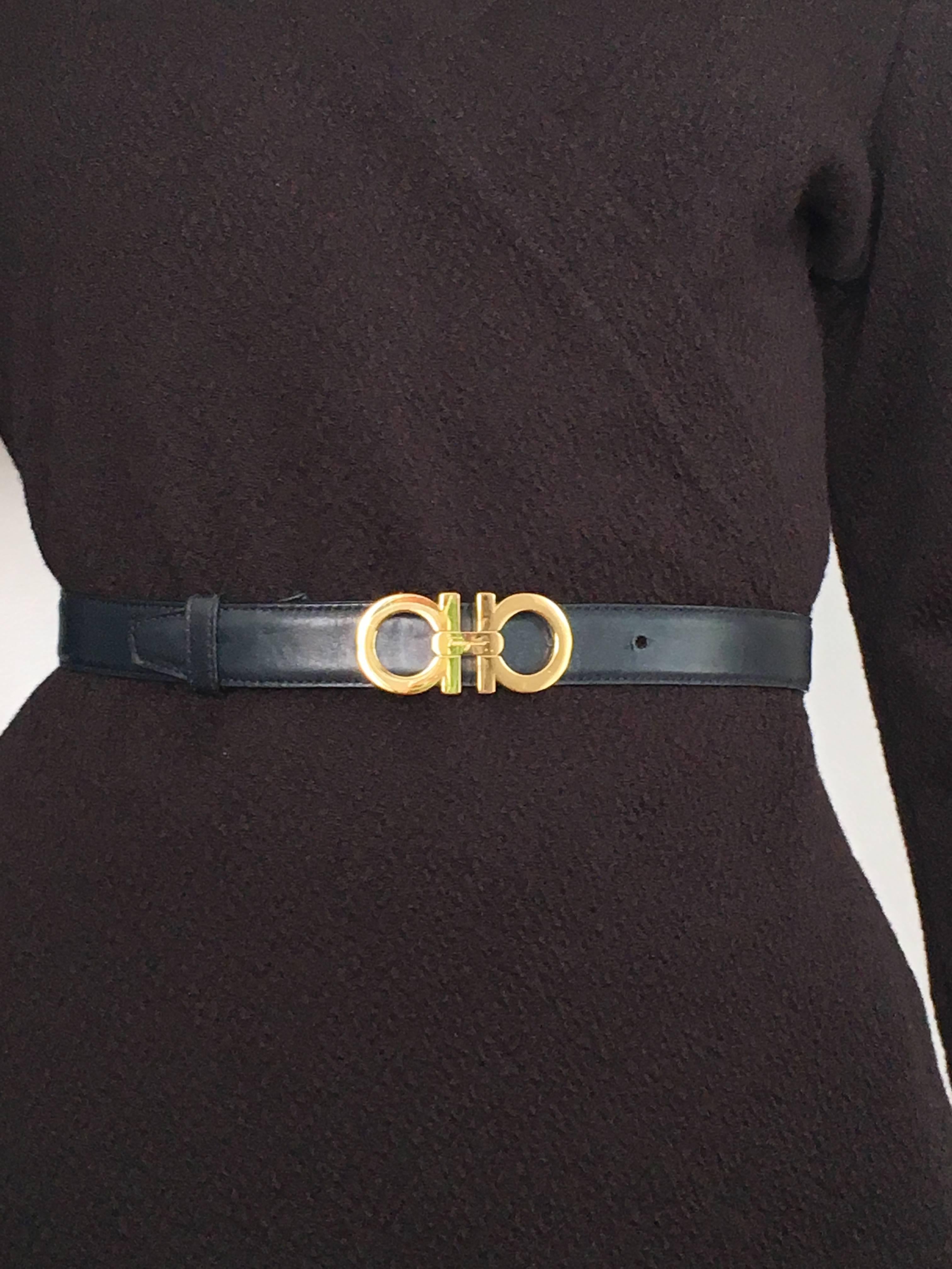 Women's or Men's Ferragamo Black Leather Gold Logo Buckle Belt 
