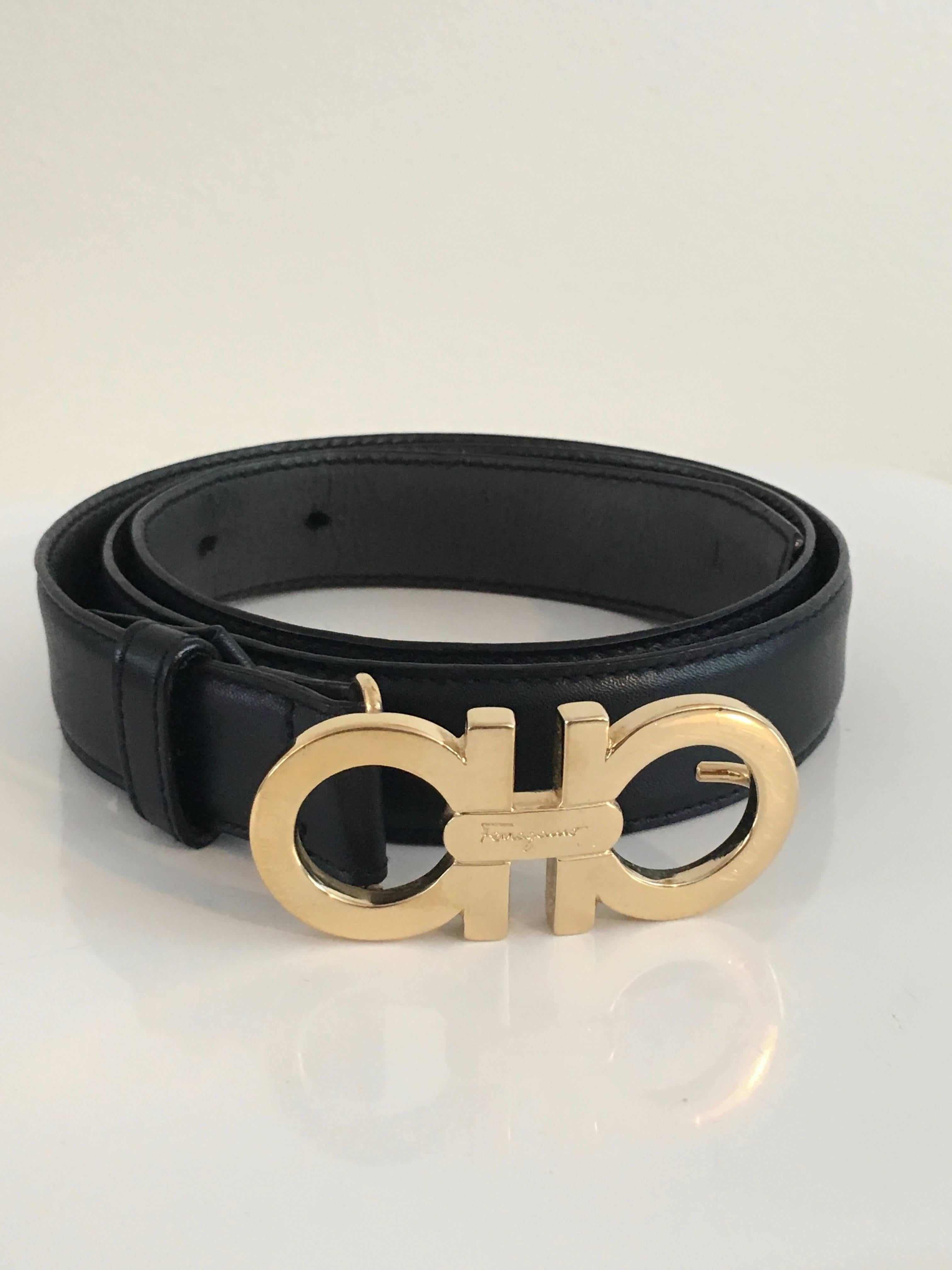 Ferragamo Black Leather Gold Logo Buckle Belt  1