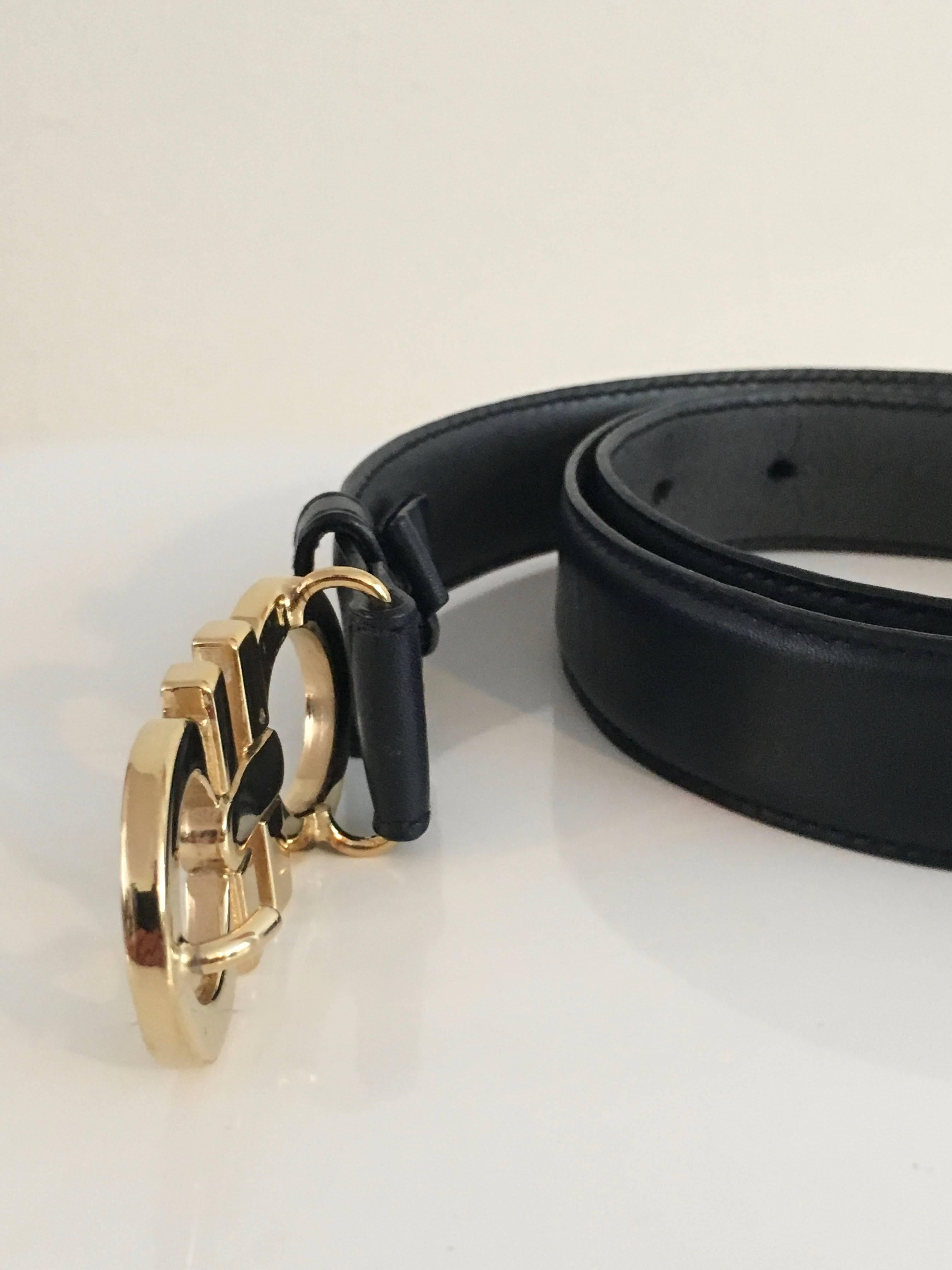 Ferragamo Black Leather Gold Logo Buckle Belt  3