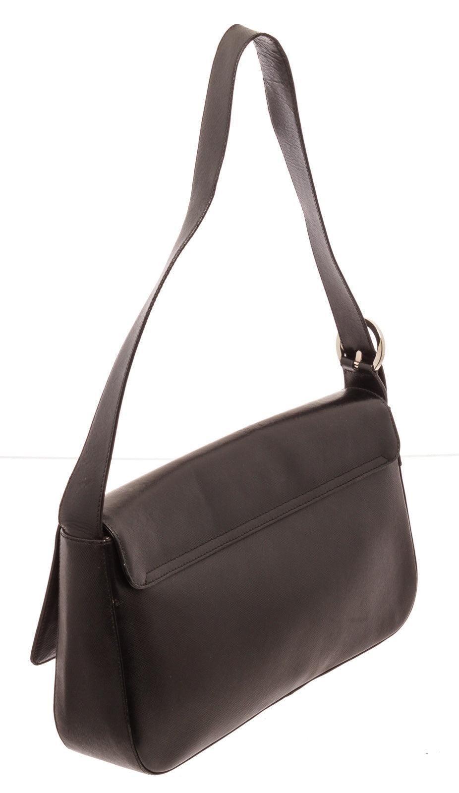 Ferragamo Black Leather Shoulder Bag with silver-tone hardware In Good Condition In Irvine, CA