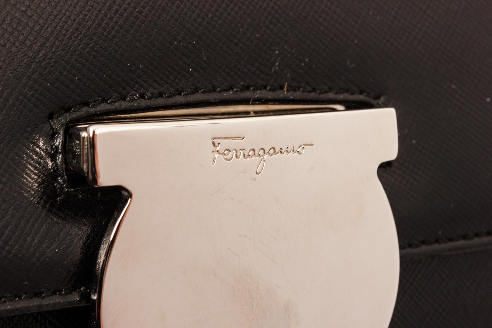 Ferragamo Black Leather Shoulder Bag with silver-tone hardware 1