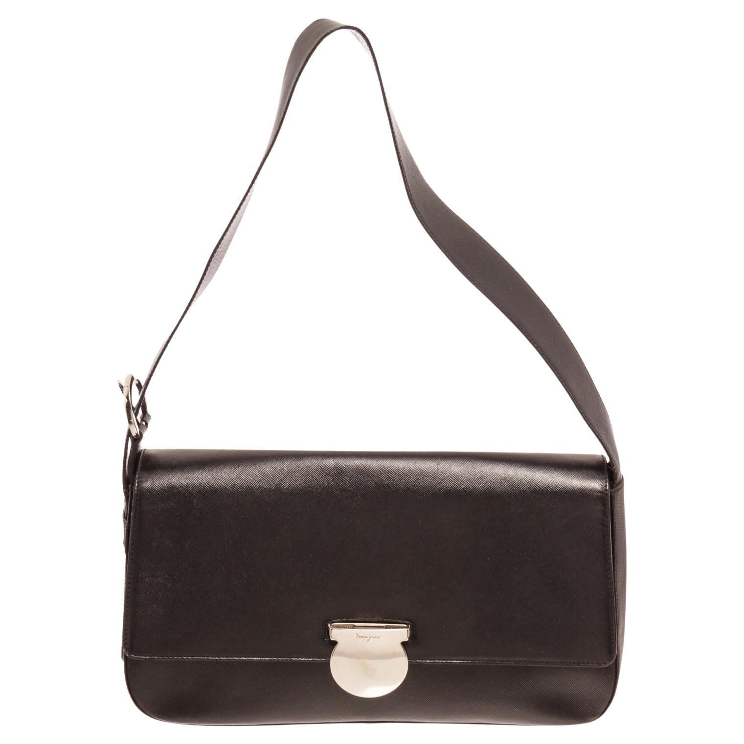 Ferragamo Black Leather Shoulder Bag with silver-tone hardware
