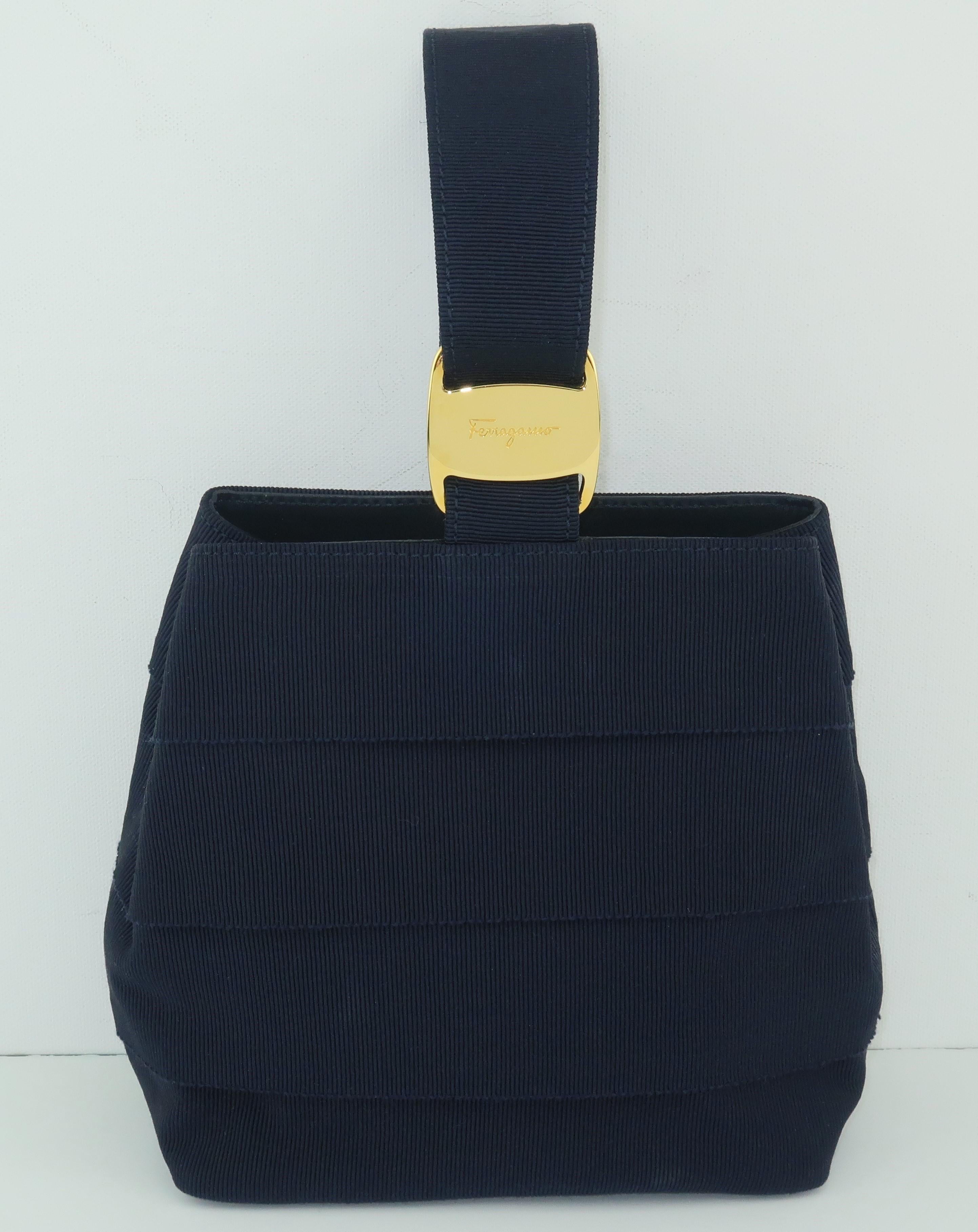 Black Ferragamo Blue Grosgrain Tiered Wristlet Handbag
