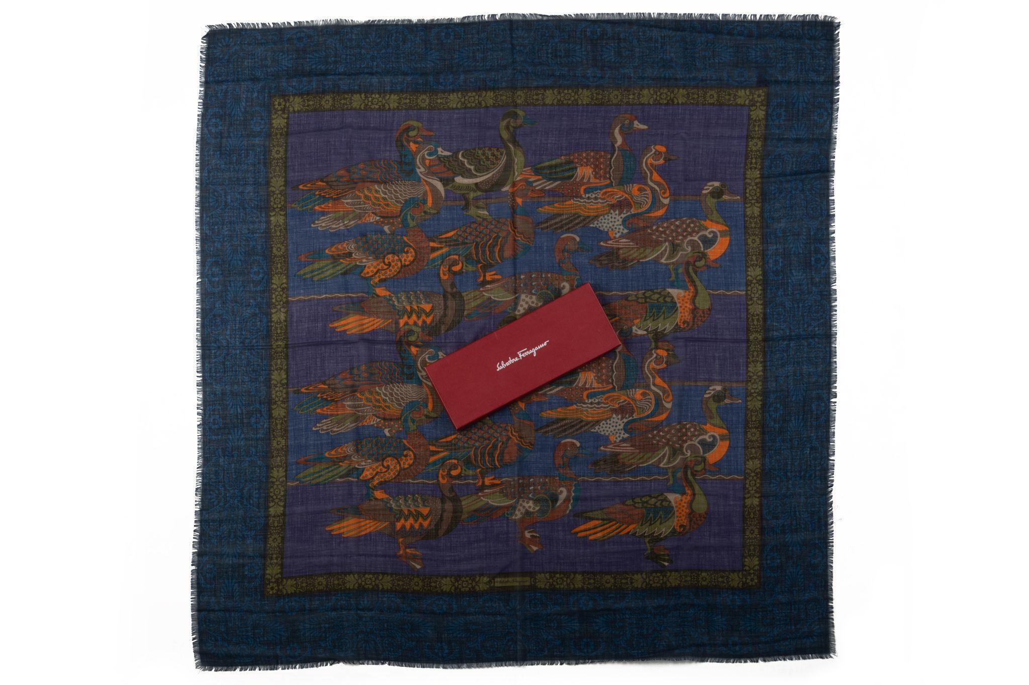 Women's Ferragamo Blue Wool Duck Print Shawl For Sale