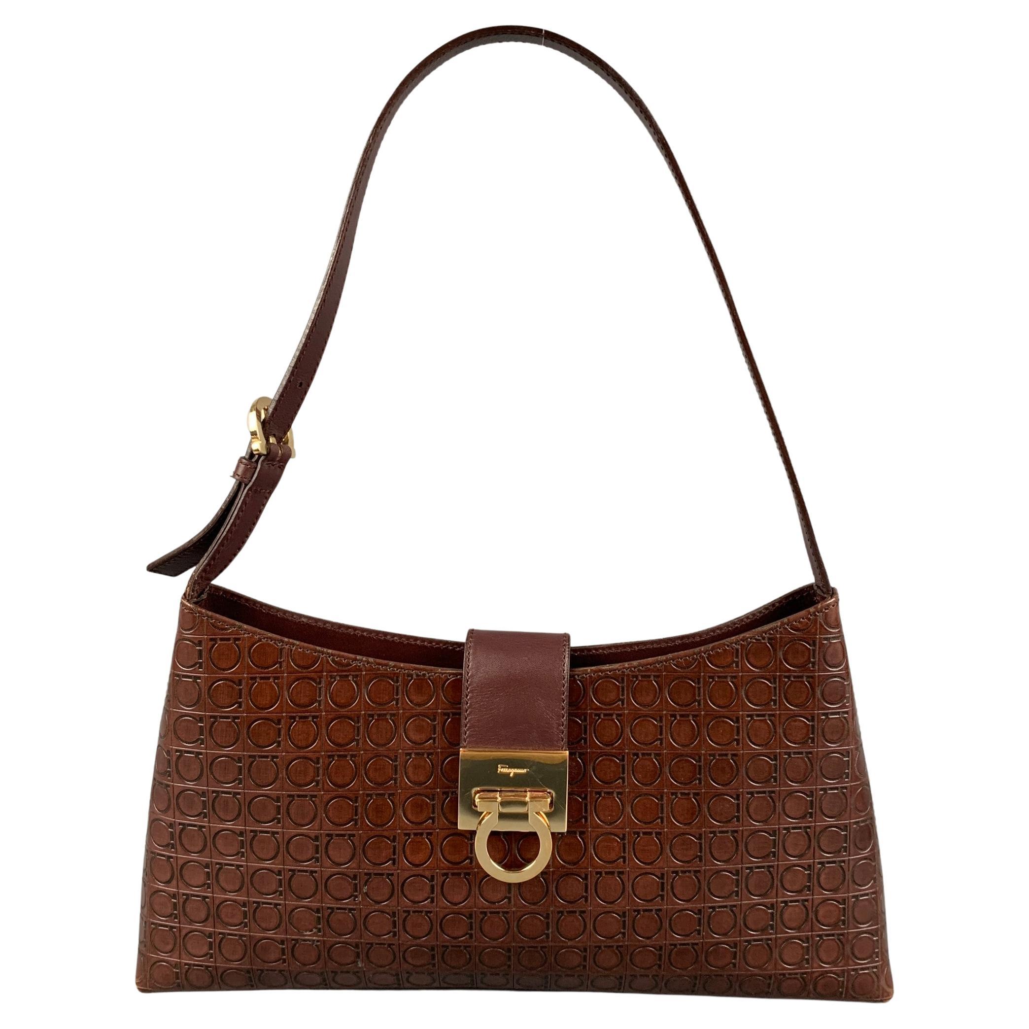 FERRAGAMO Brown Leather Embossed Shoulder Bag
