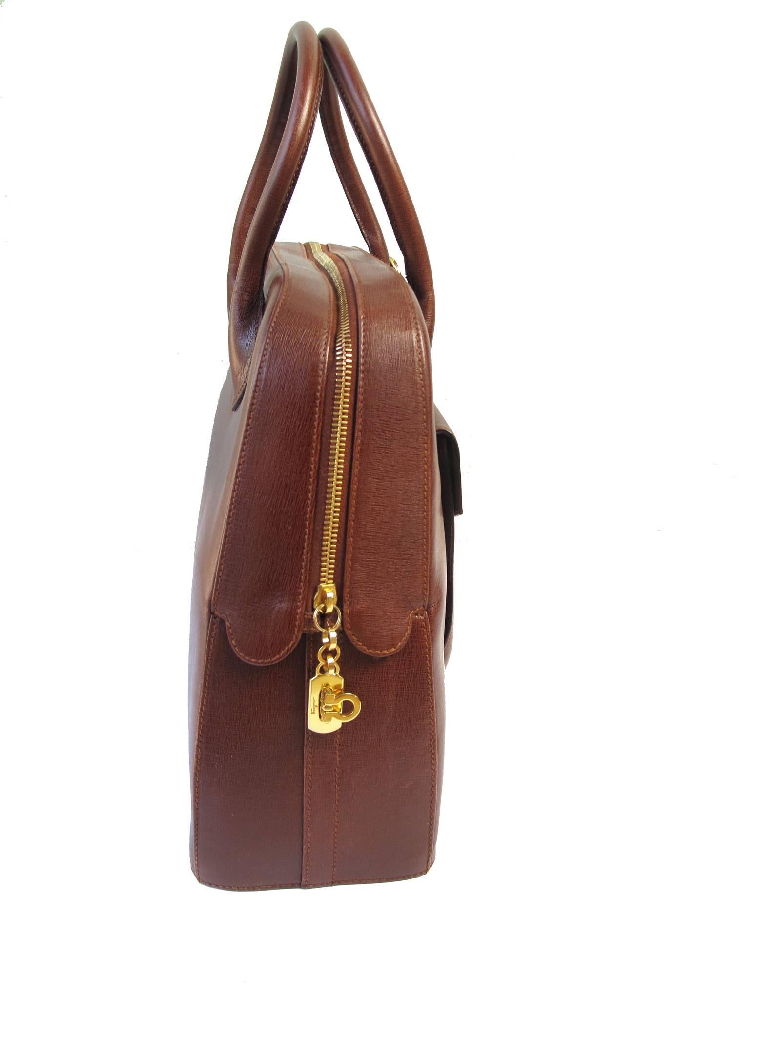 Ferragamo Brown Leather Structured Bag  In Excellent Condition In Austin, TX