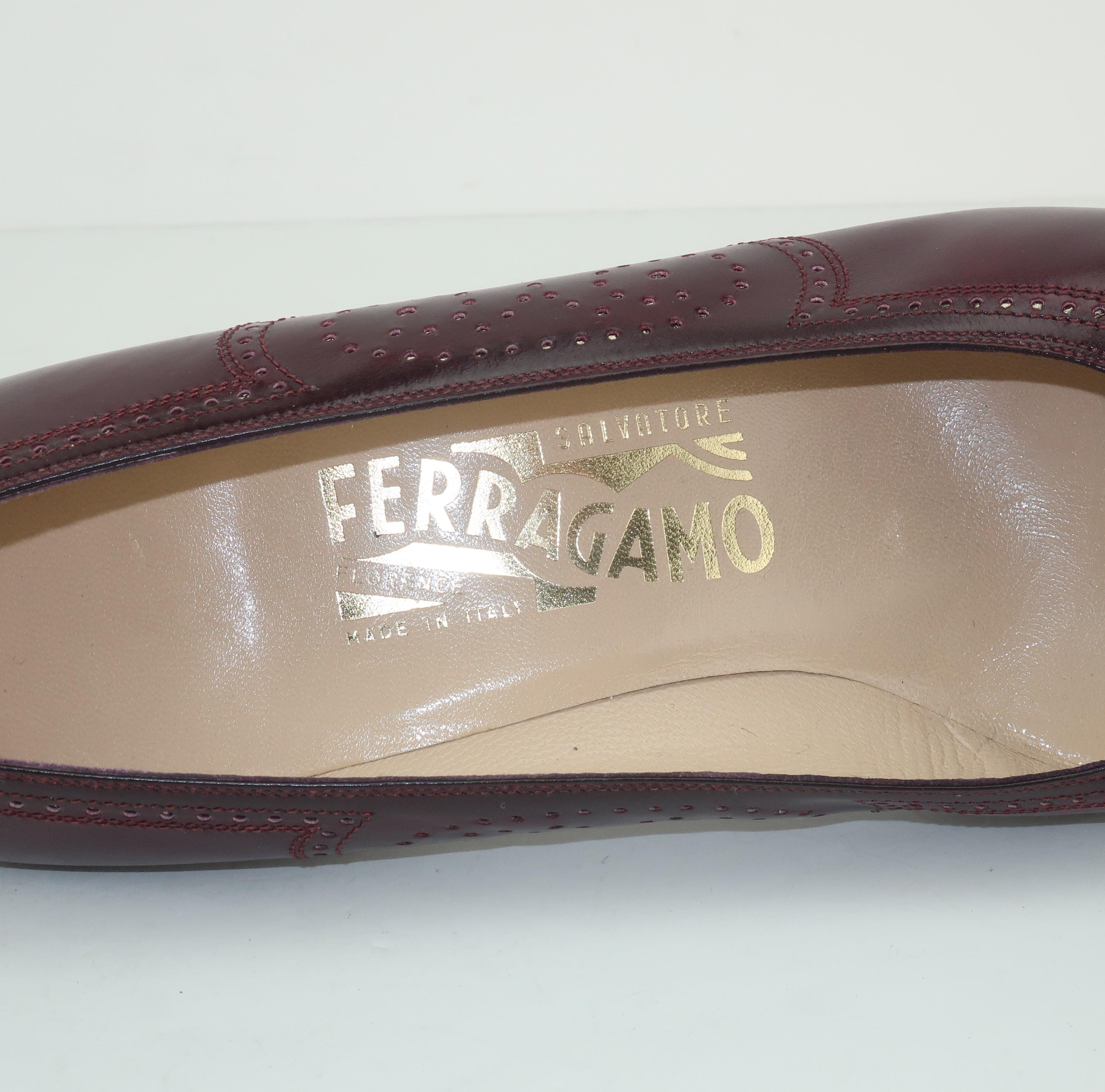 Ferragamo Burgundy Leather Spectator Style Shoes 8B, 1980's 6