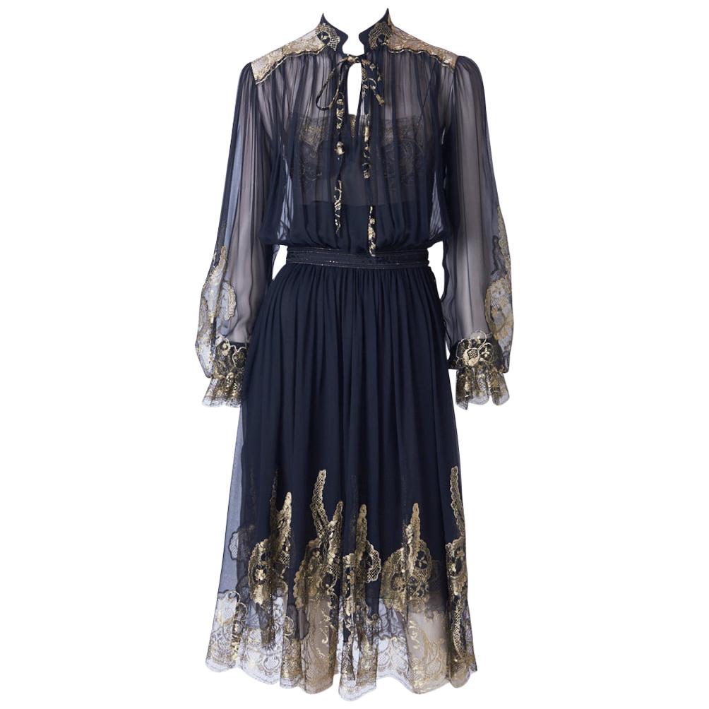 Ferragamo Chiffon Peasant Dress With Gold Lace Detail