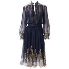 Vintage Ferragamo Chiffon Peasant Dress With Gold Lace Detail