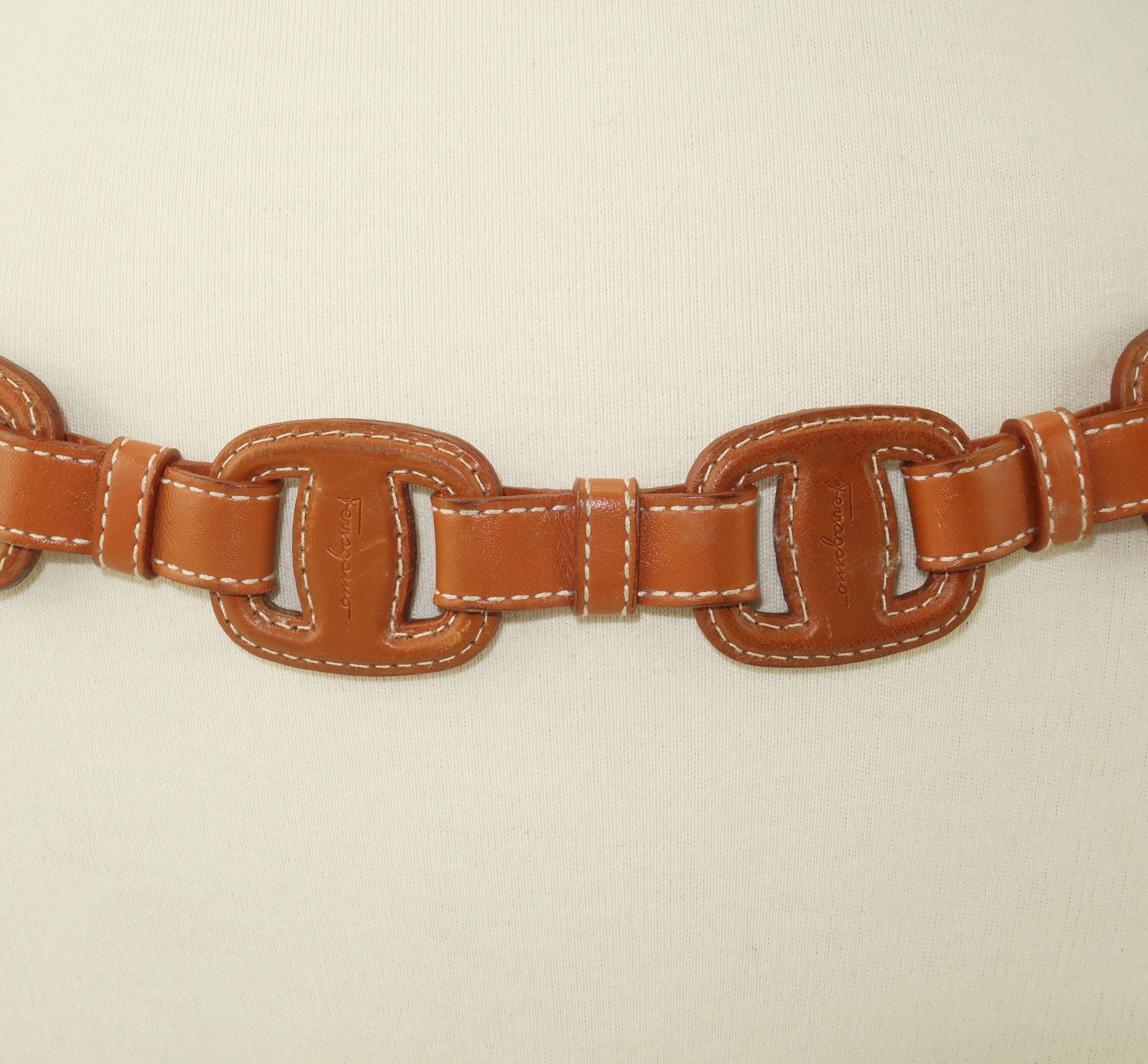 Brown Ferragamo Equestrian Inspired Tan Leather Logo Belt