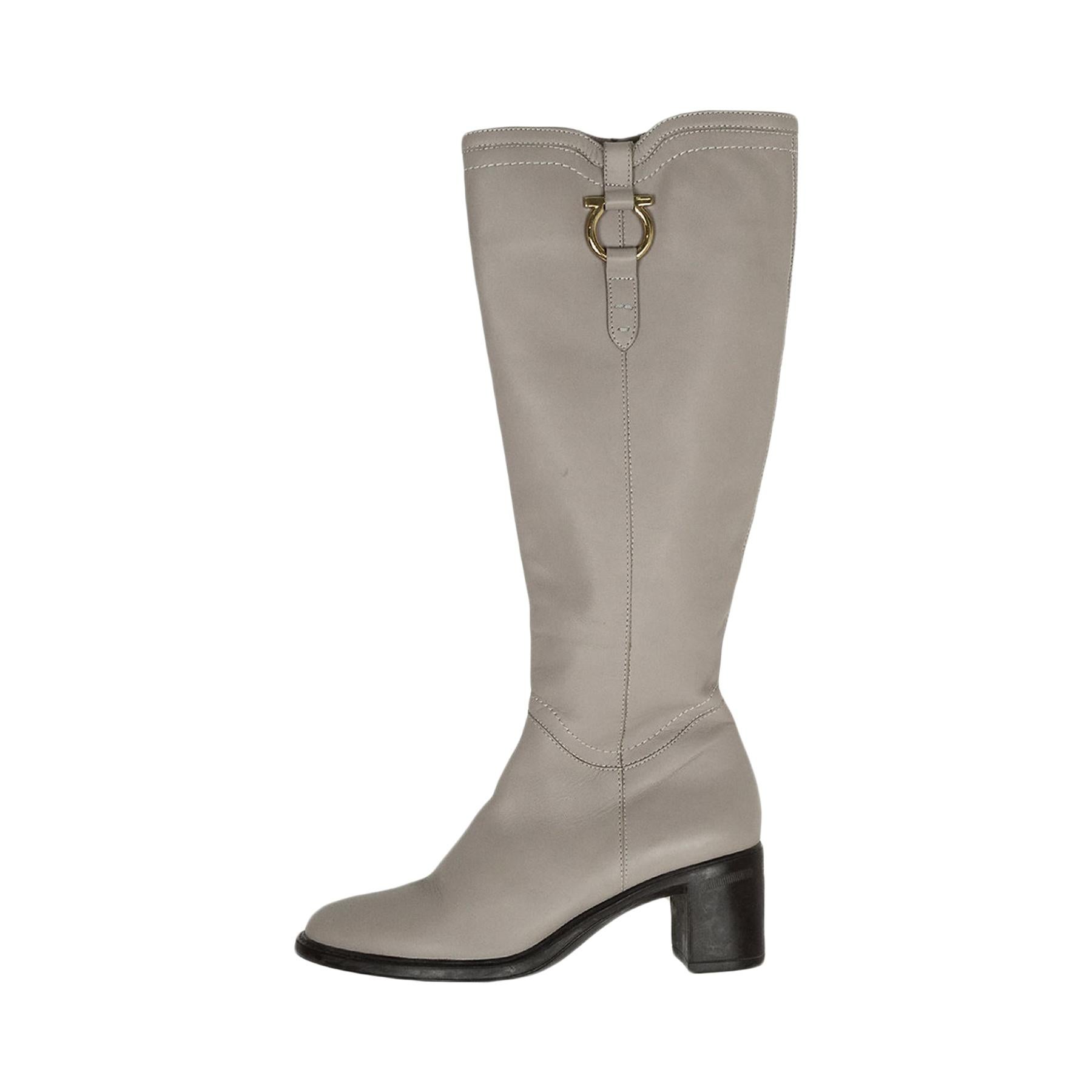 Ferragamo Grey Leather Heeled Boots with Gancini Buckle sz 6