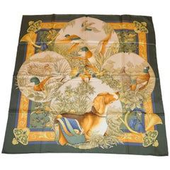 Vintage Ferragamo Hound and Collection of Fowls Silk Jacquard Scarf