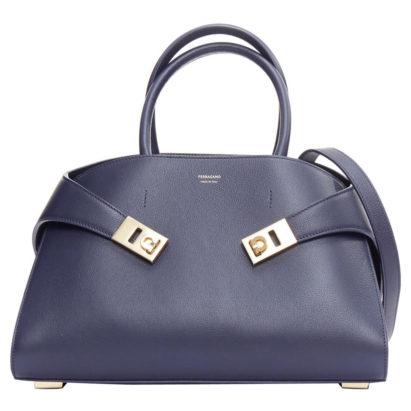 FERRAGAMO Hug navy gold buckles top handle small tote bag