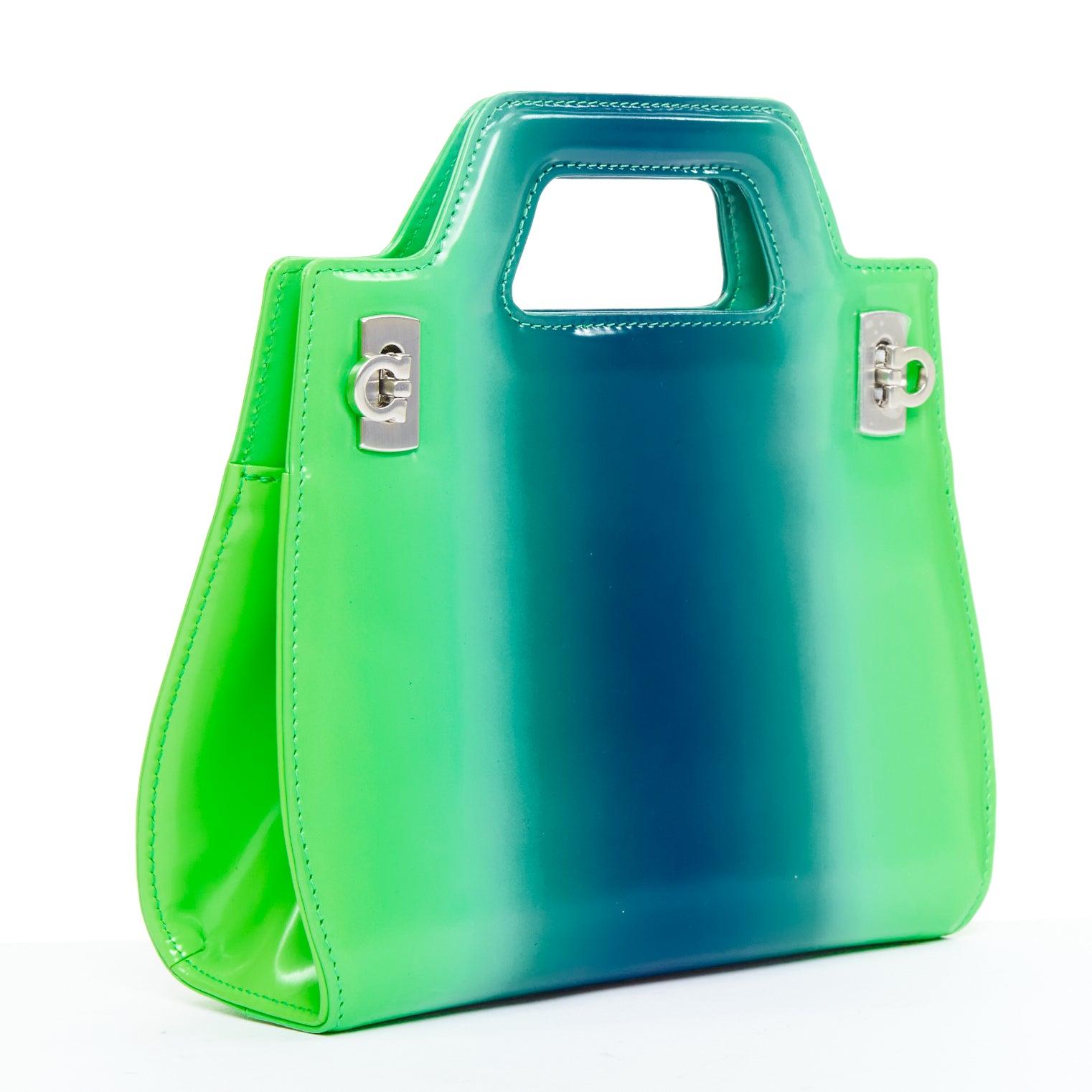 Bleu FERRAGAMO Maximilian Davis 2023 Runway Mini Wanda green blue airbrush calf bag en vente