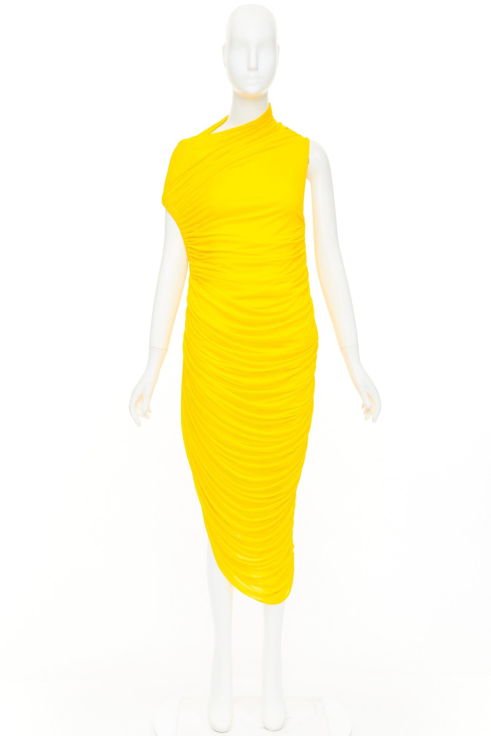 FERRAGAMO Maximilian Davis 2023 Runway yellow asymmetric ruched dress IT40 S en vente 4