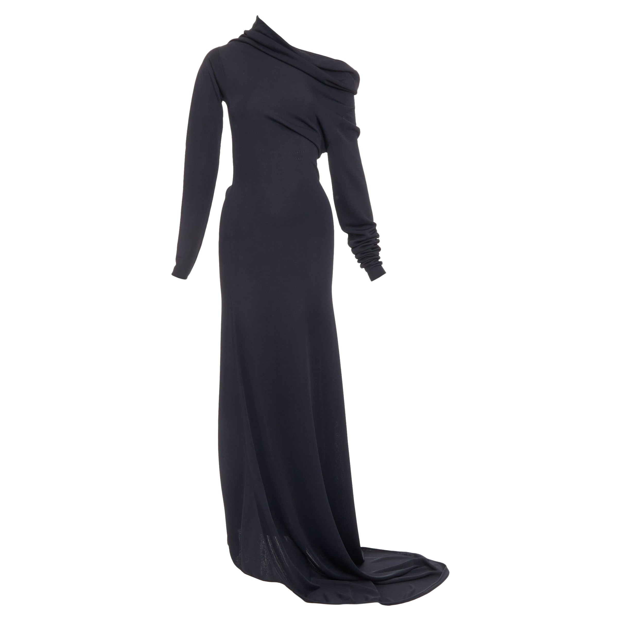 FERRAGAMO Maximilian Davis 2023 viscose blend off shoulder drape train gown M For Sale