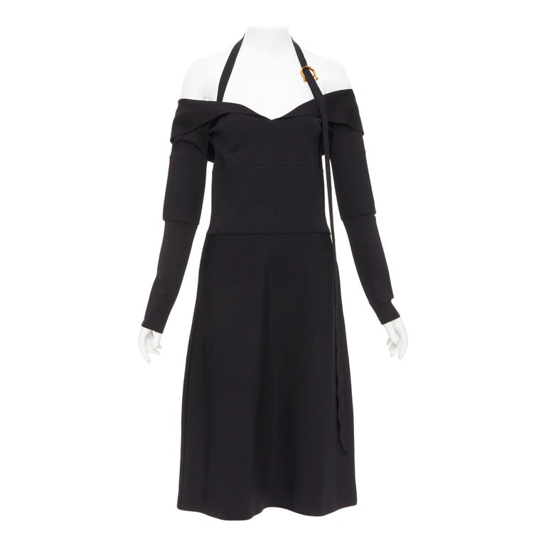 FERRAGAMO Maximilian Davis black gold Gancini halter knee dress L For Sale  at 1stDibs