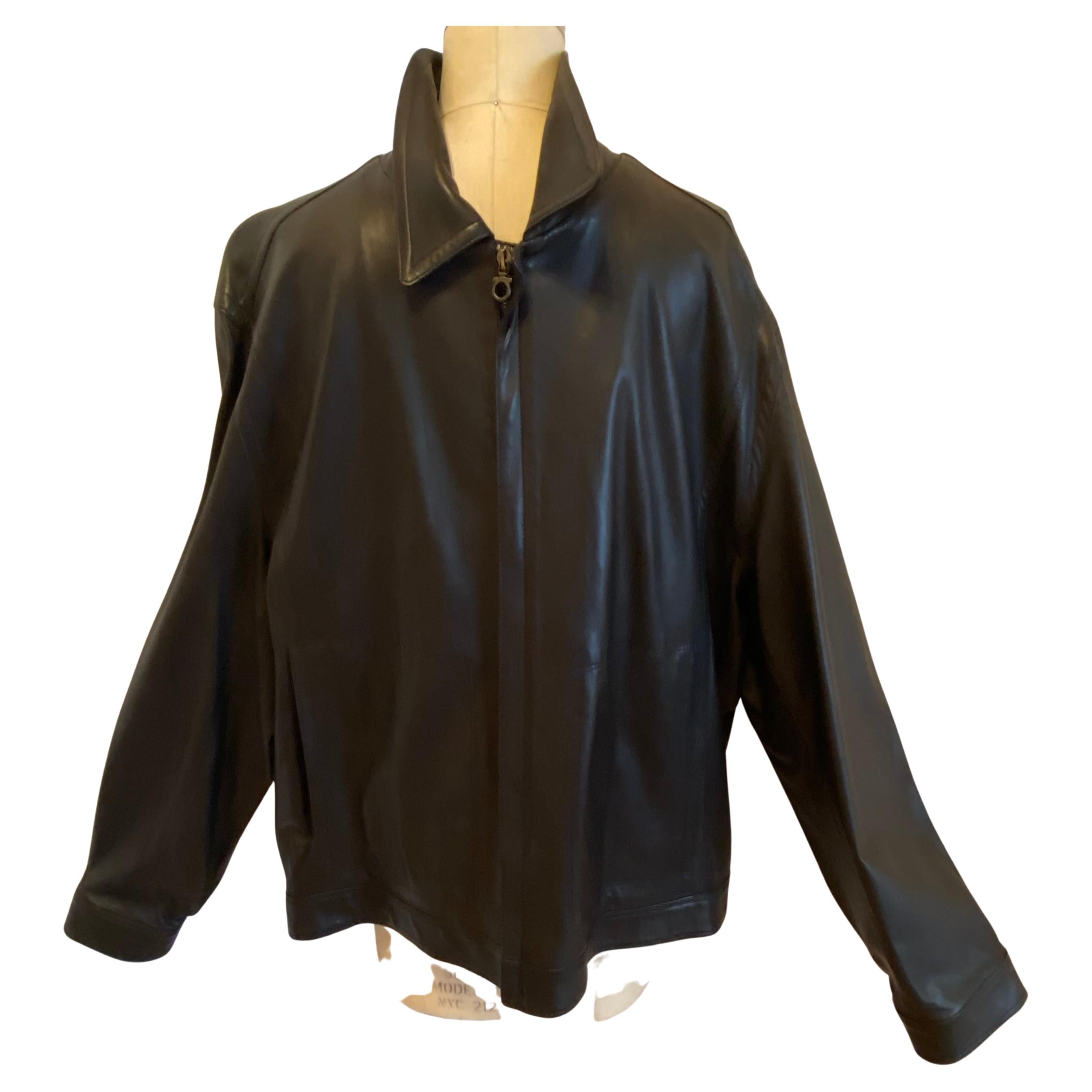 Ferragamo Men's Mid-Night Black Lambskin Fully-Lined Zippered Jacket For Sale