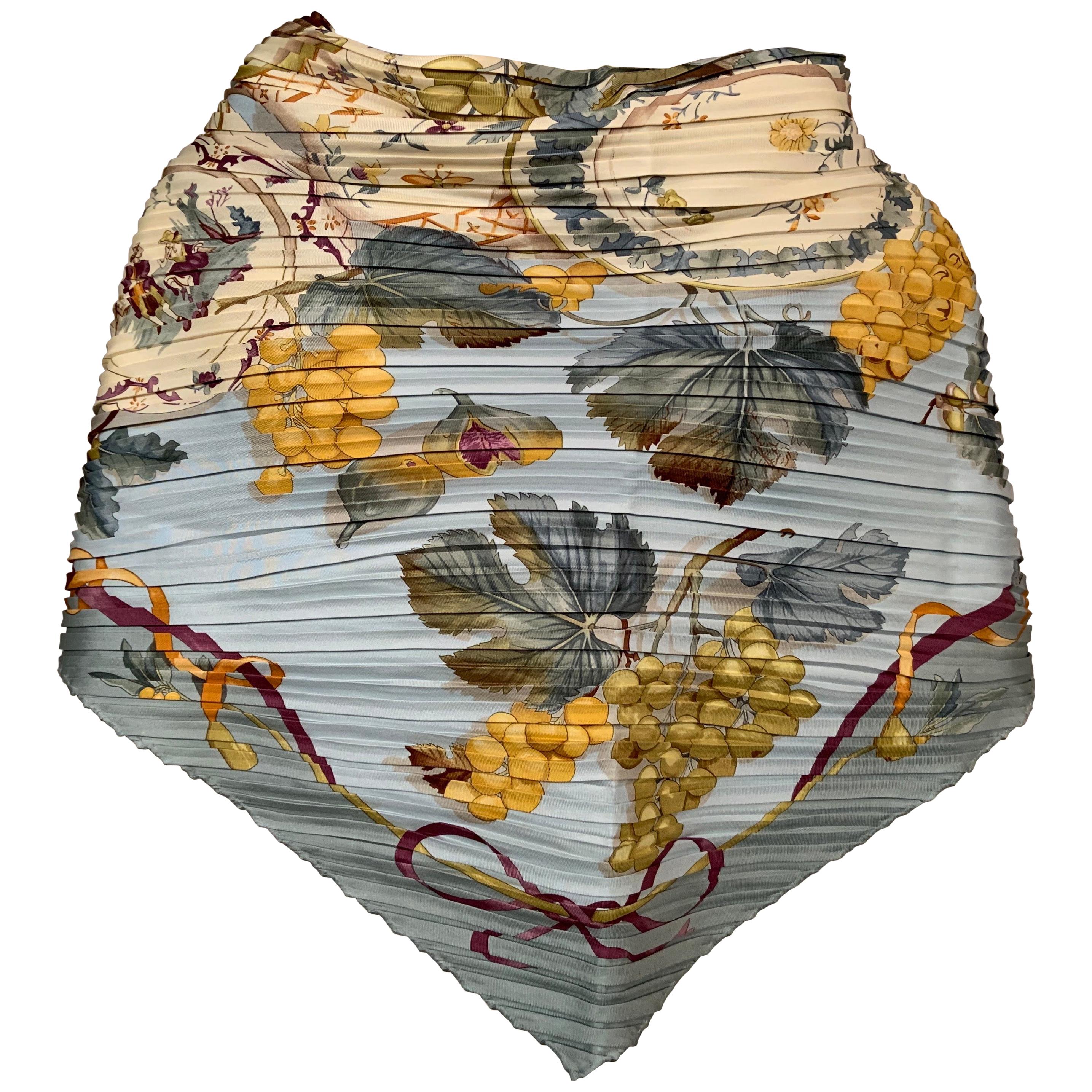 Ferragamo Pleated Silk Scarf with Cream China and Fruit Motif