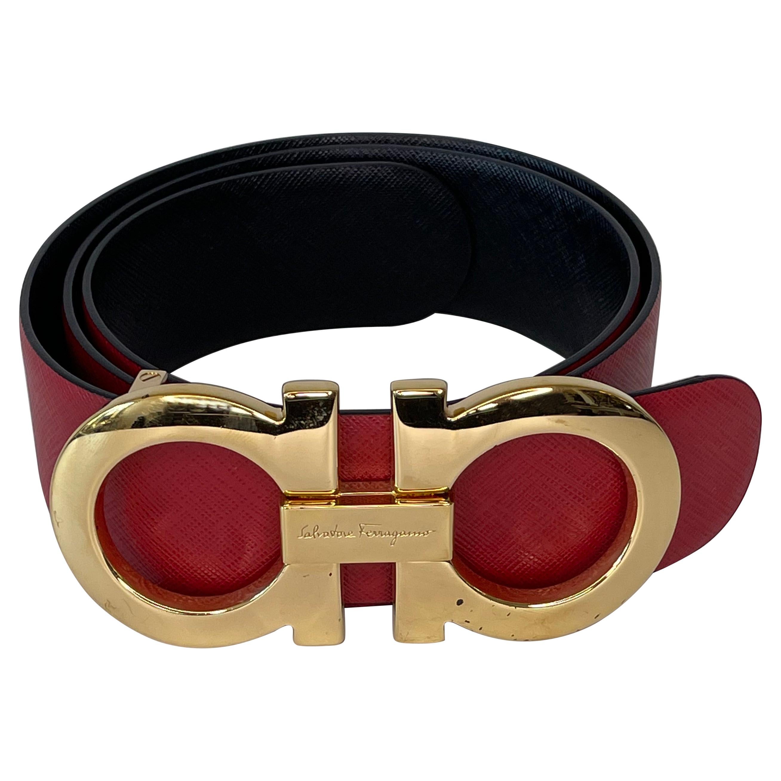 Ferragamo Red Classic Belt with Gold Buckle (Size 85/34) at 1stDibs
