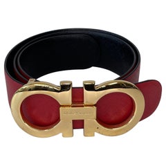 Ferragamo Red Classic Belt with Gold Buckle (Size 85/34)