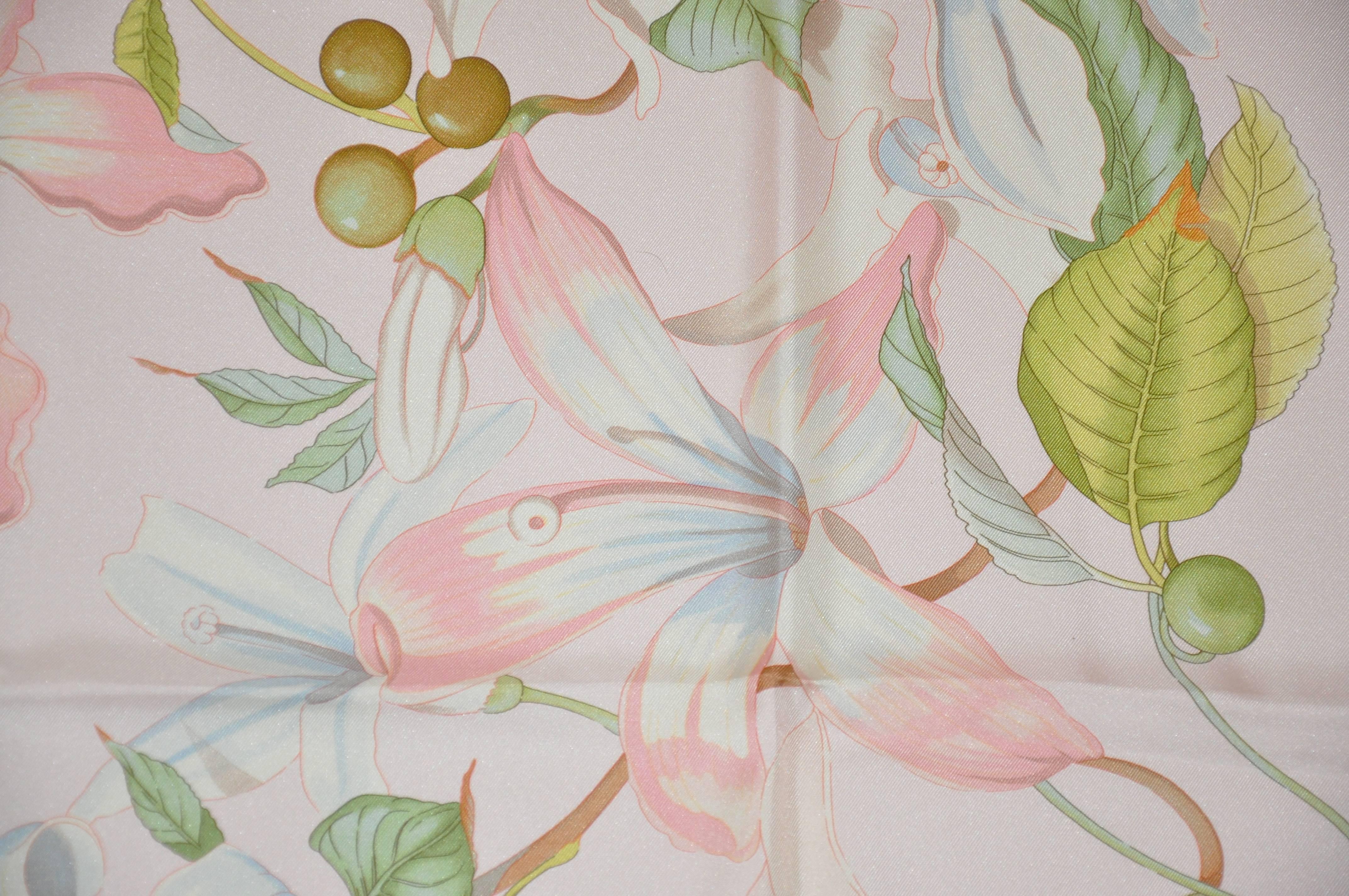 Beige Ferragamo Tiger Lilies and Orchids Silk Jacquard scarf For Sale
