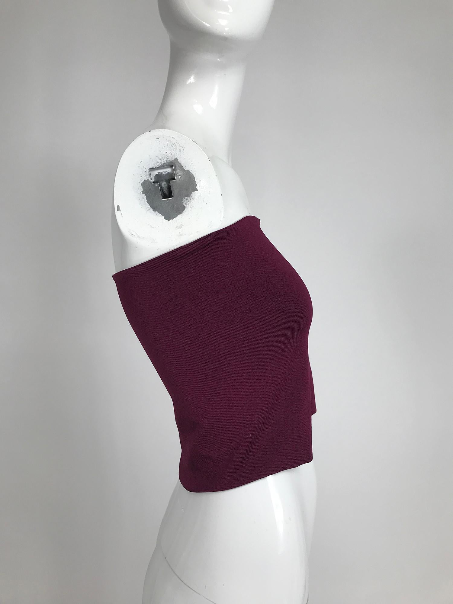  
Ferragamo silky burgundy knit stretch bandeau top Large. Silky stretch rayon/spandex knit pull on top in taupe. 

     In excellent wearable condition.  All our clothing is dry cleaned and inspected for condition and is ready to wear. Any