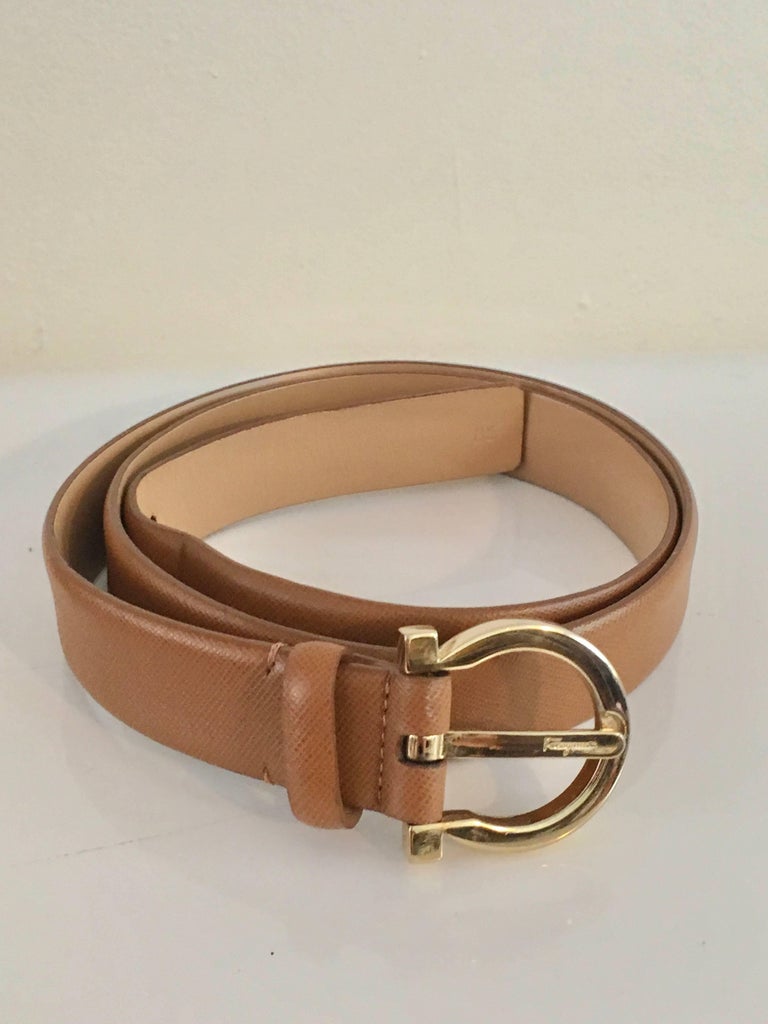 Ferragamo Tan Italian Leather Belt with Gold Logo Buckle For Sale at 1stdibs
