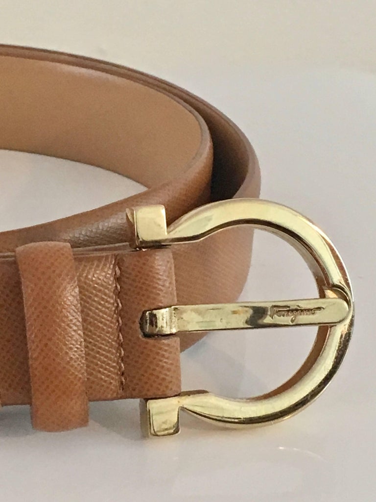 Ferragamo Tan Italian Leather Belt with Gold Logo Buckle For Sale at