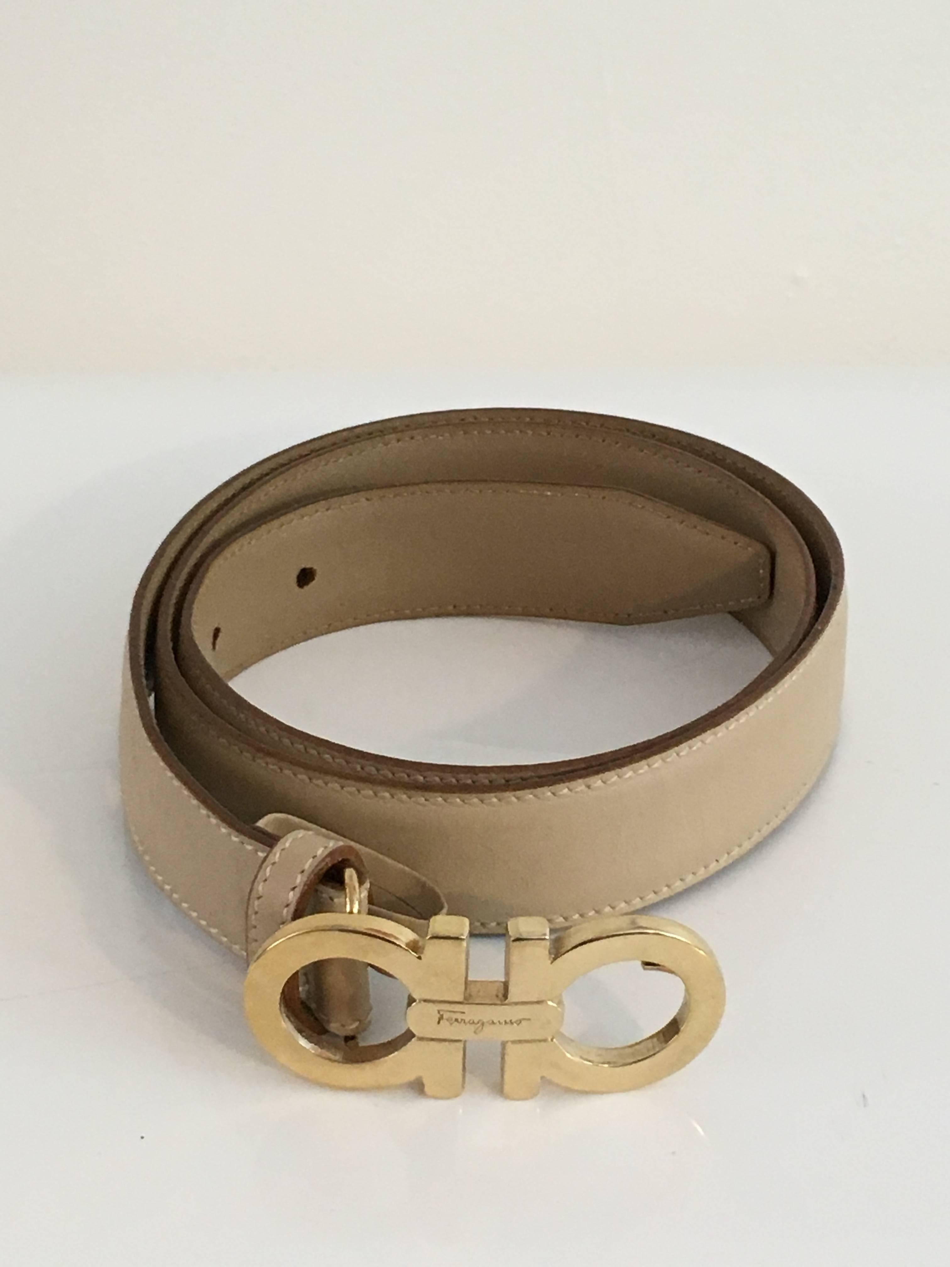 Brown Ferragamo Tan Leather Belt Strap with Gold Logo Buckle  