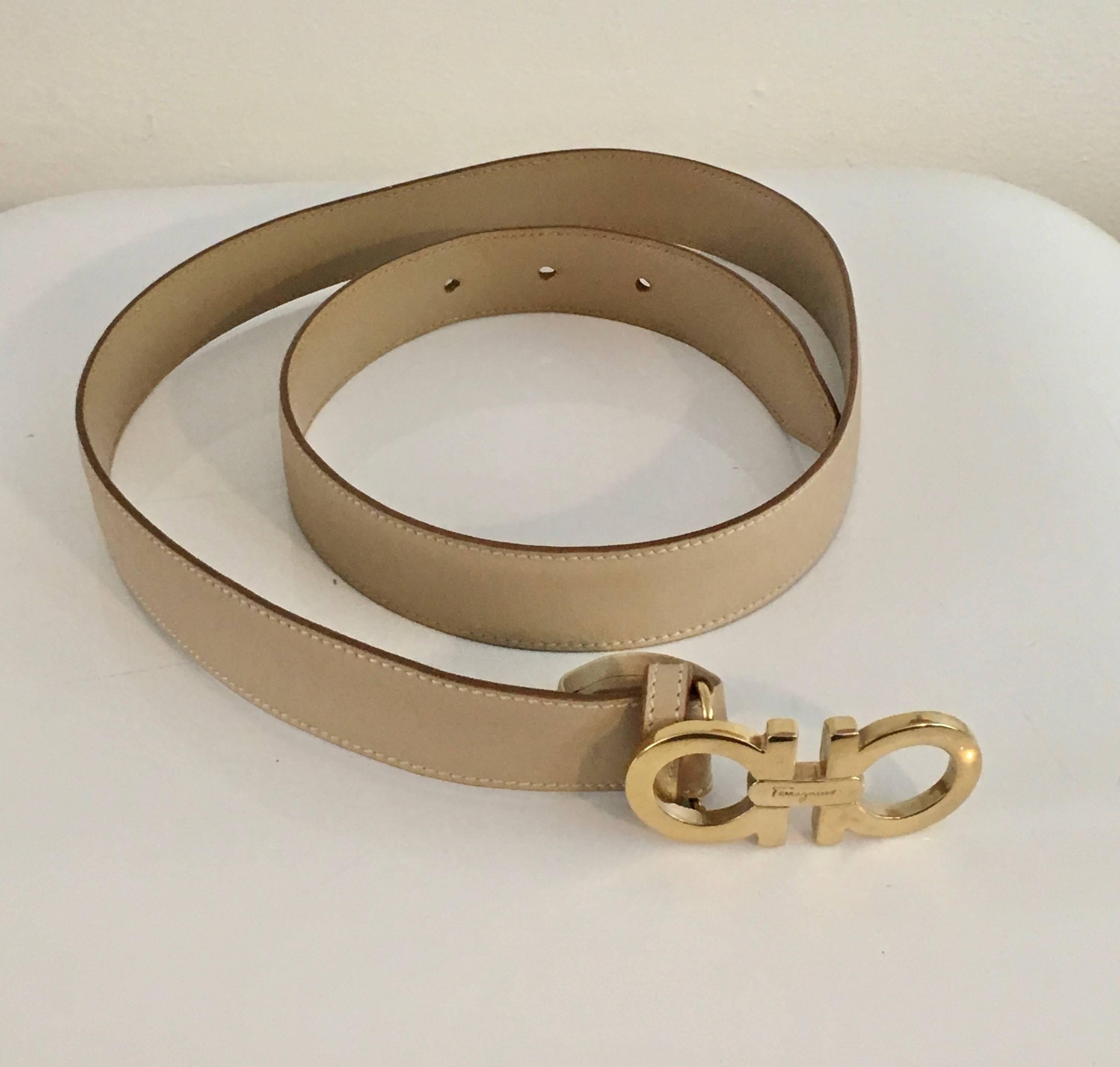 Ferragamo Tan Leather Belt Strap with Gold Logo Buckle   2