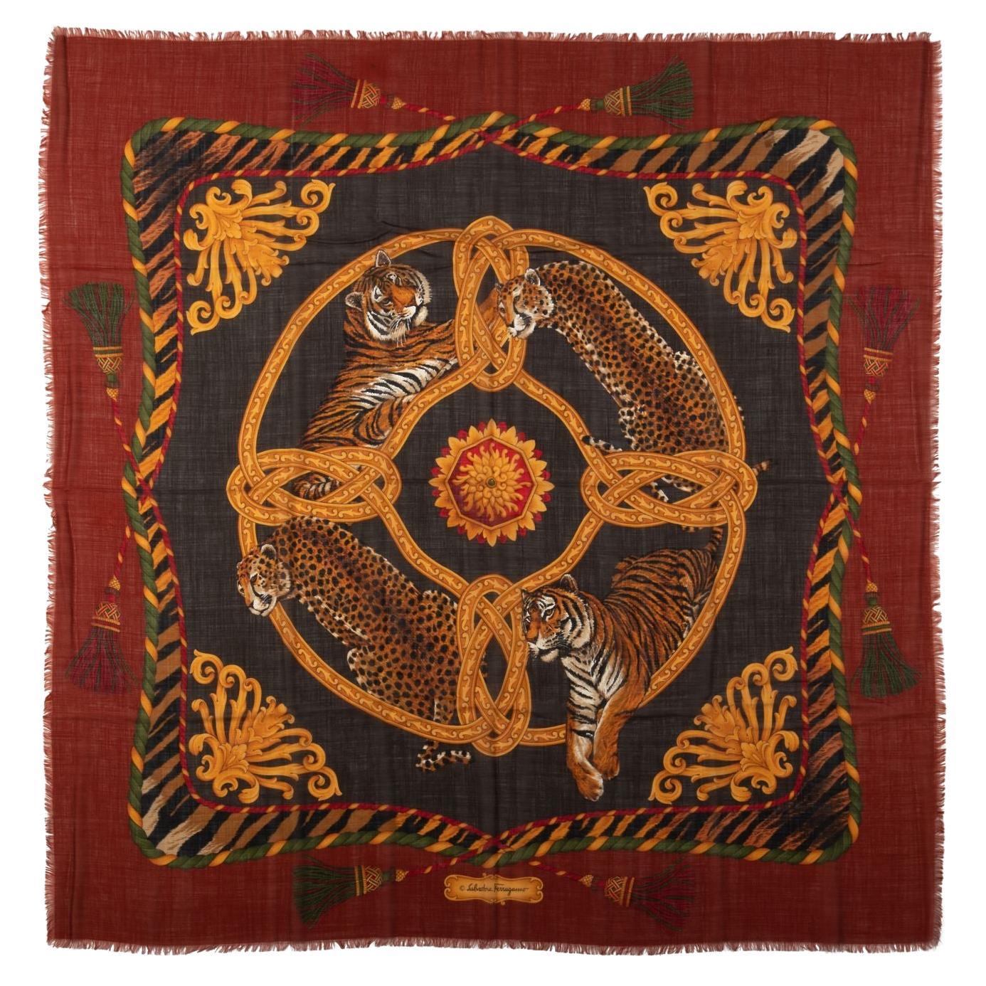 Ferragamo Tiger Brown Wool Shawl For Sale