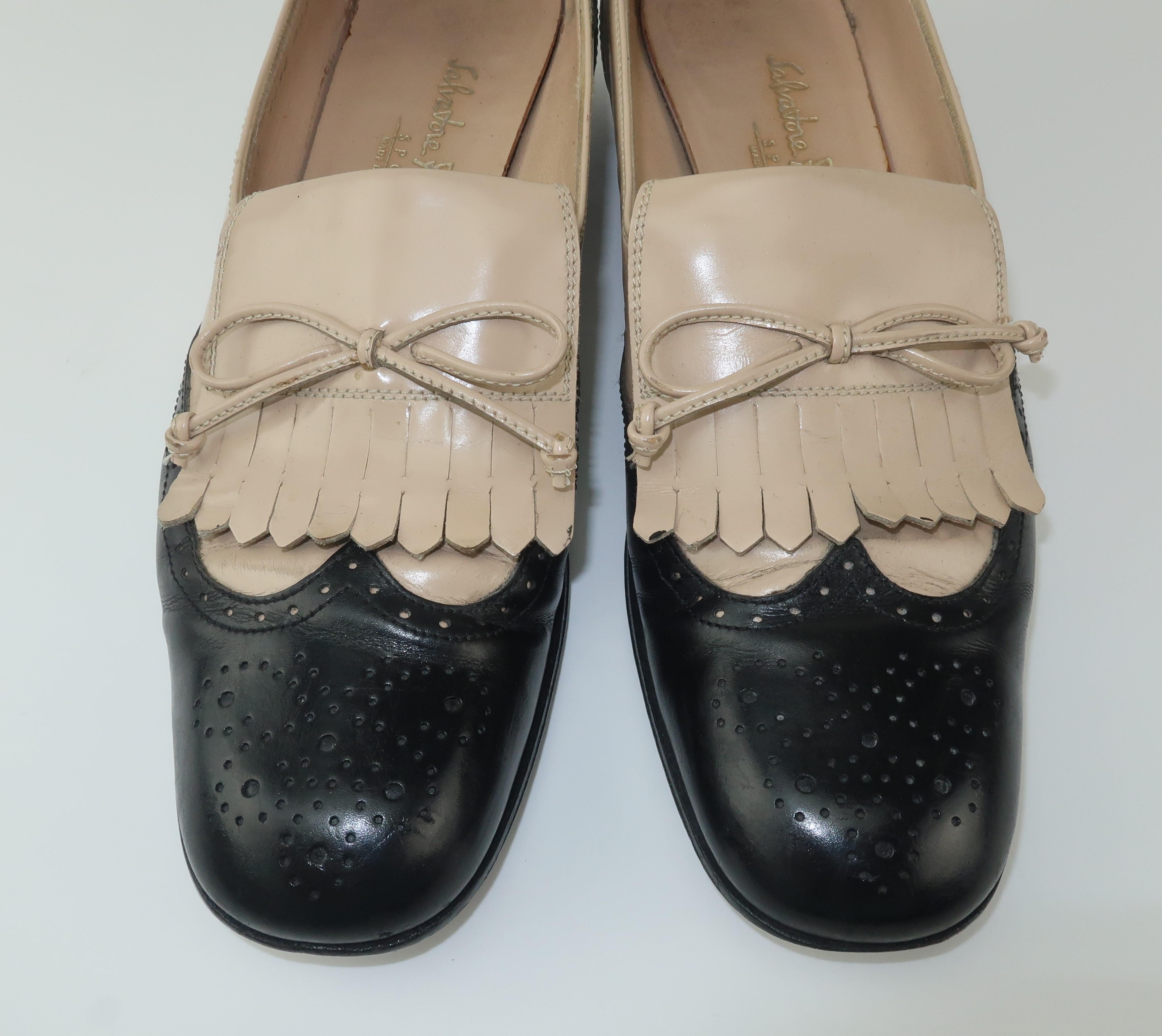 Ferragamo Two Tone Spectator Black Leather Kiltie Shoes, Sz 8 AA 4
