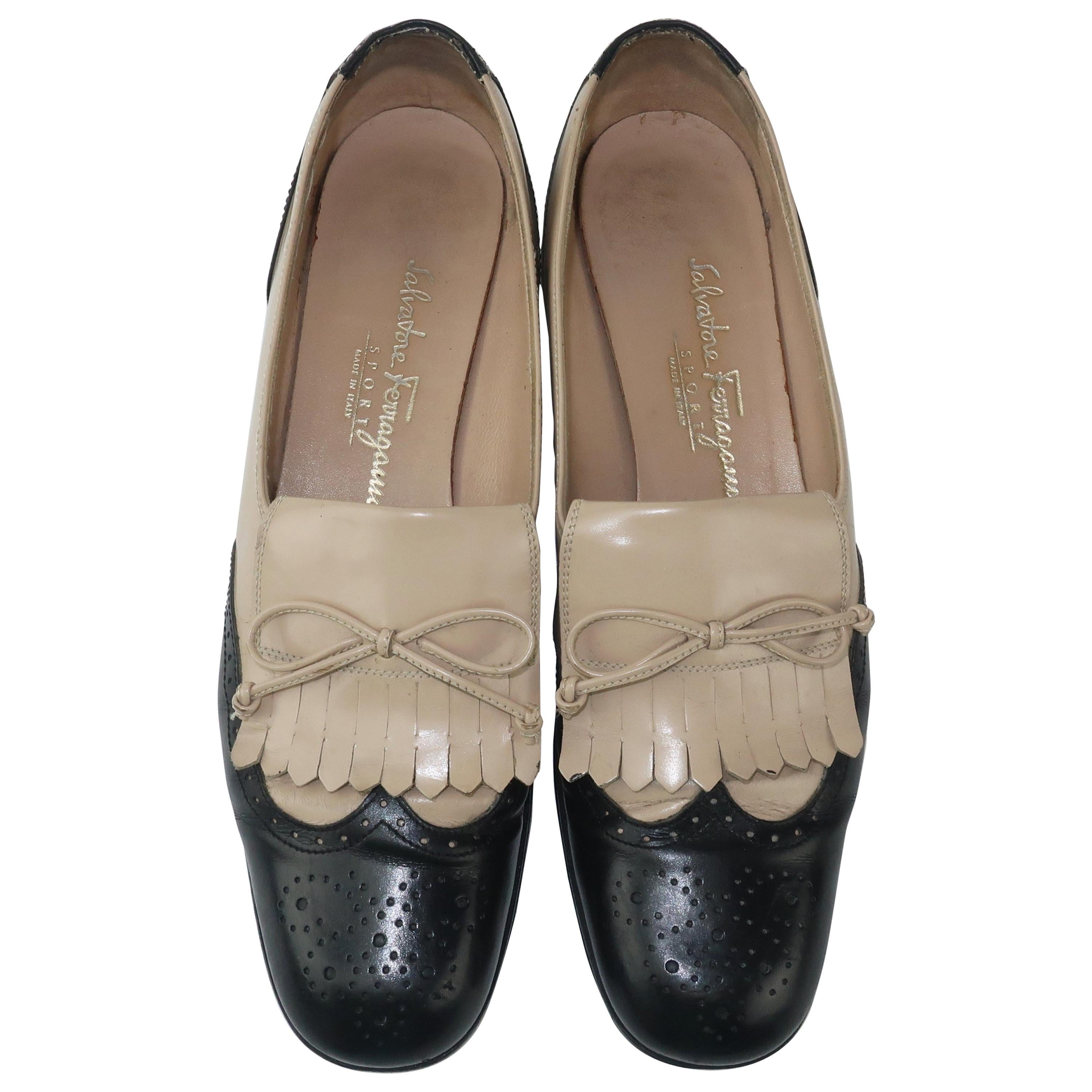 Ferragamo Two Tone Spectator Black Leather Kiltie Shoes, Sz 8 AA