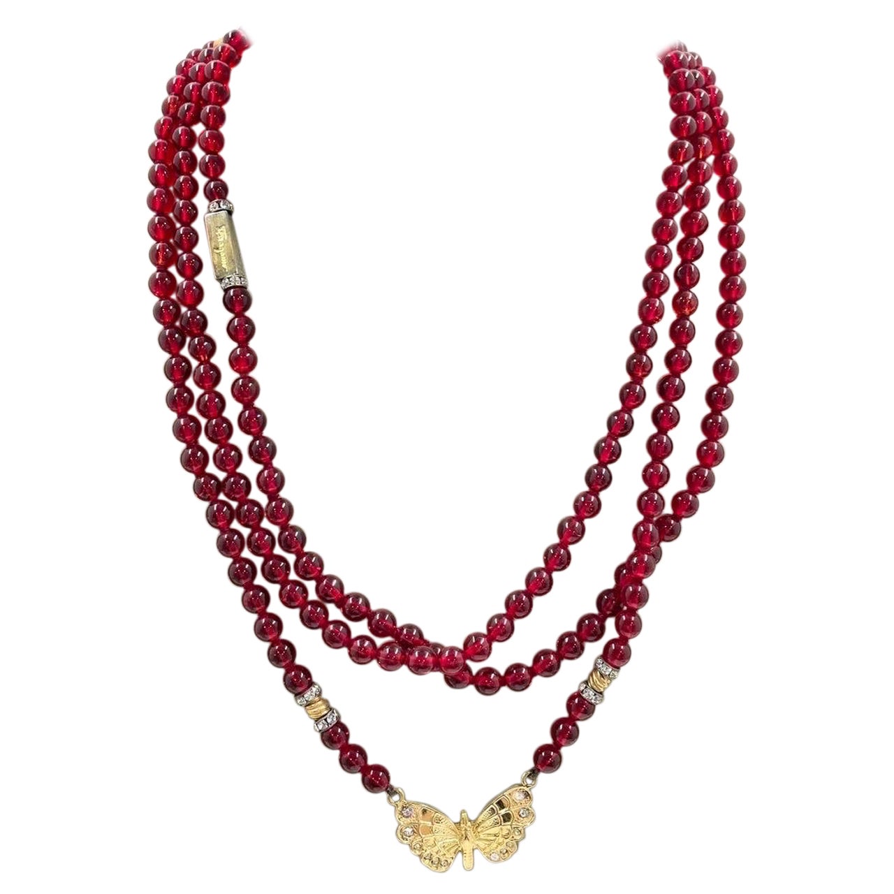 Ferragamo Vintage Rare Red Ruby Beads Gold Plated Butterfly Signed For Sale