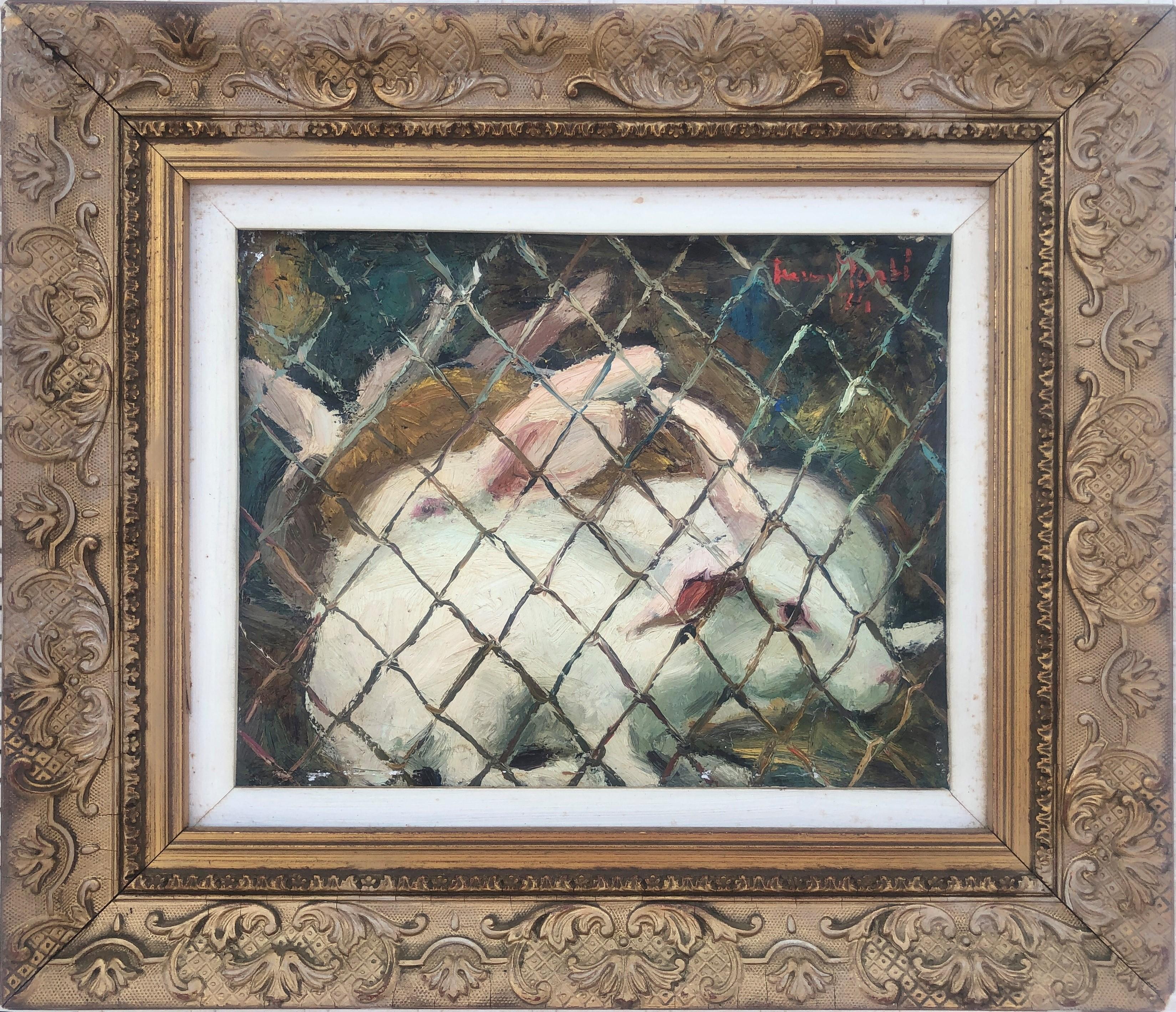 Peinture à l'huile sur toile - Scène de lapins en cage avec animaux - Painting de Ferran Marti
