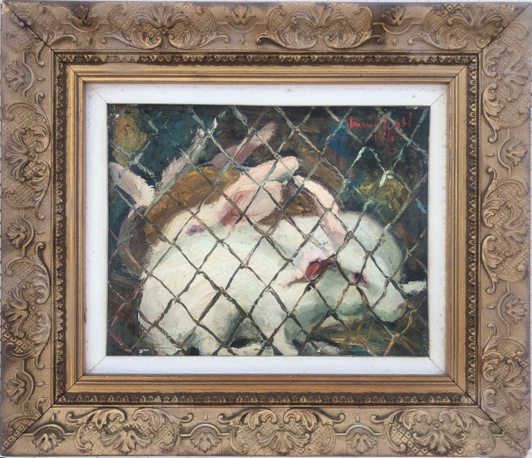 caged rabbits scene with animals oil on canvas painting - Painting by Ferran Marti